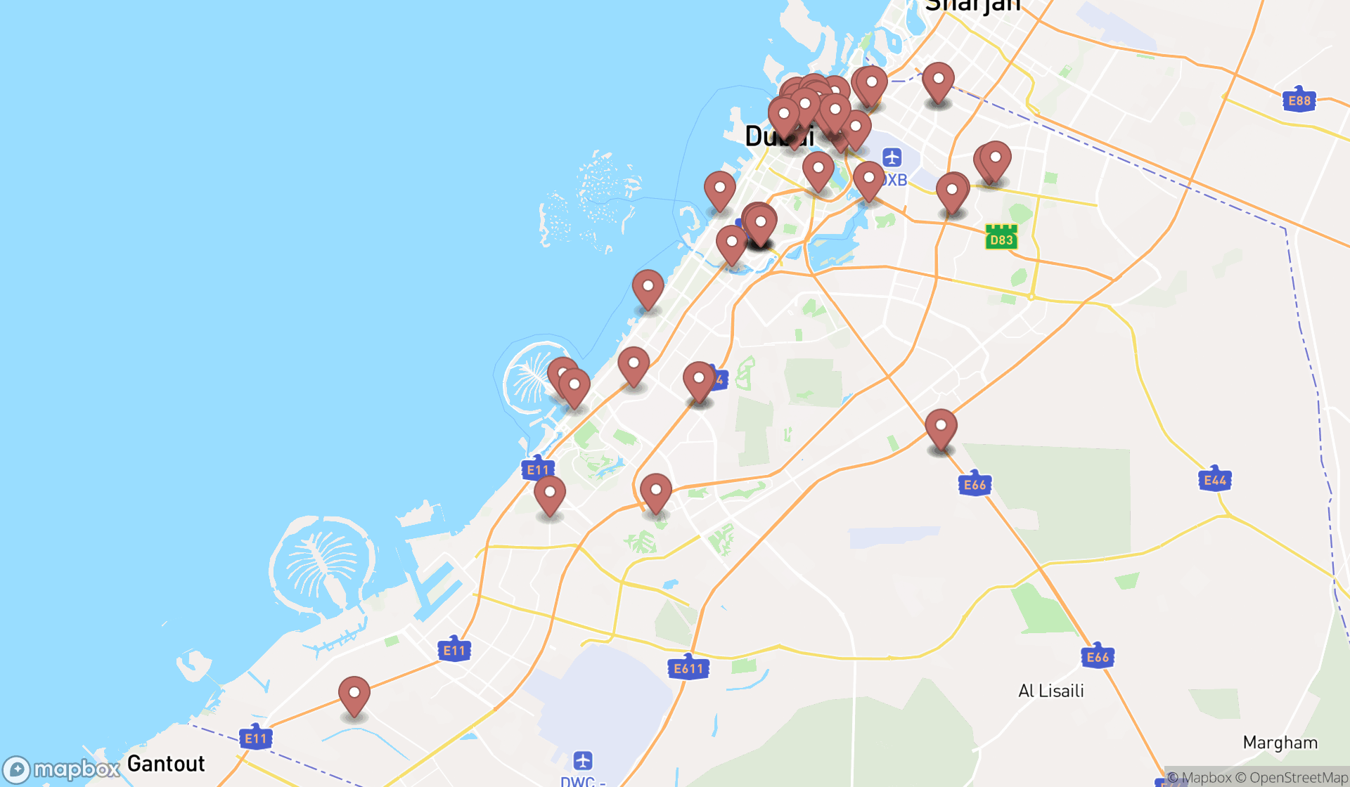 Map showing the search results in Dubai