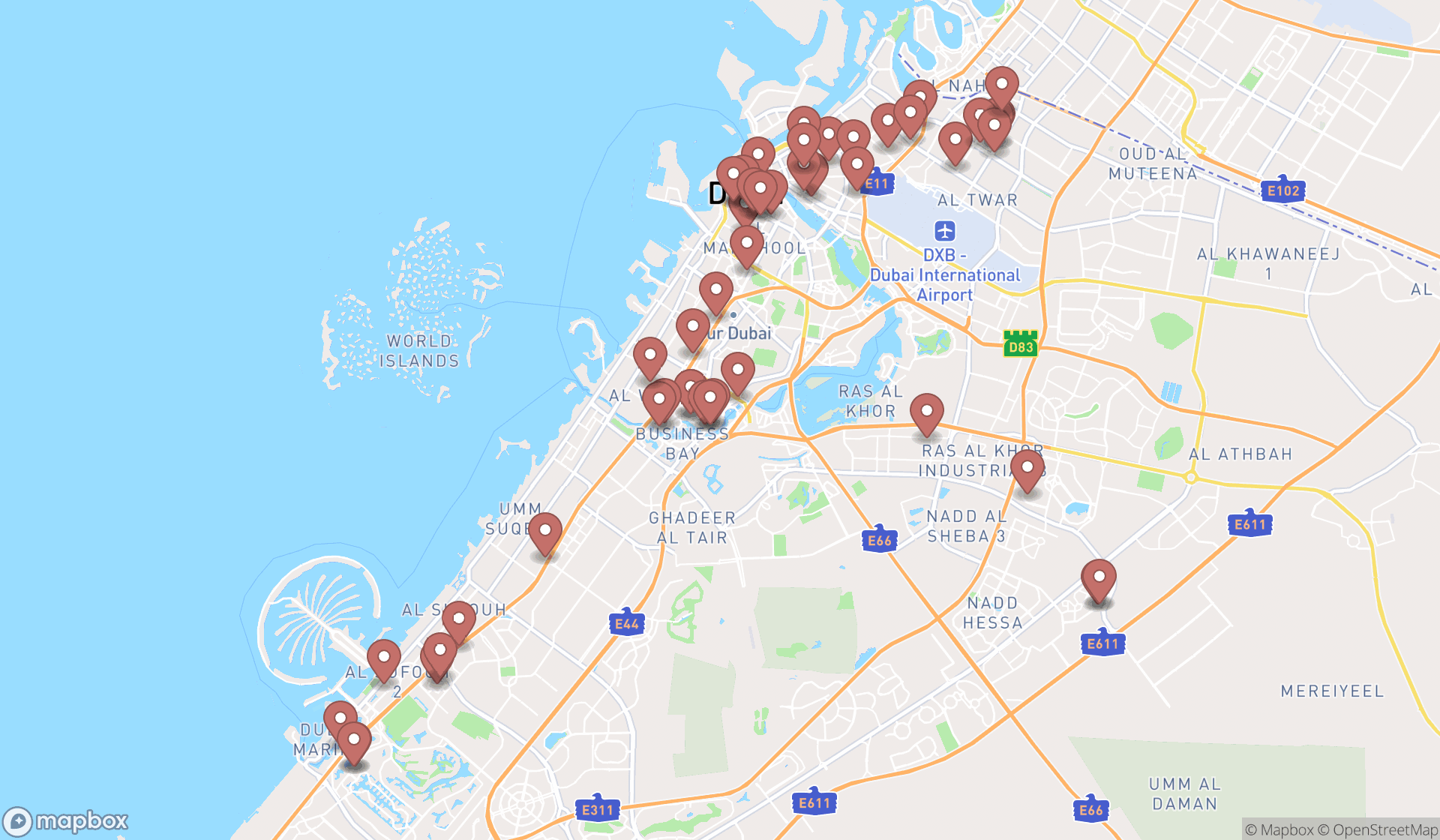 Map showing the search results in Dubai