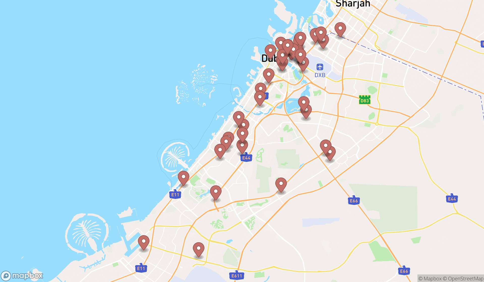 Map showing the search results in Dubai