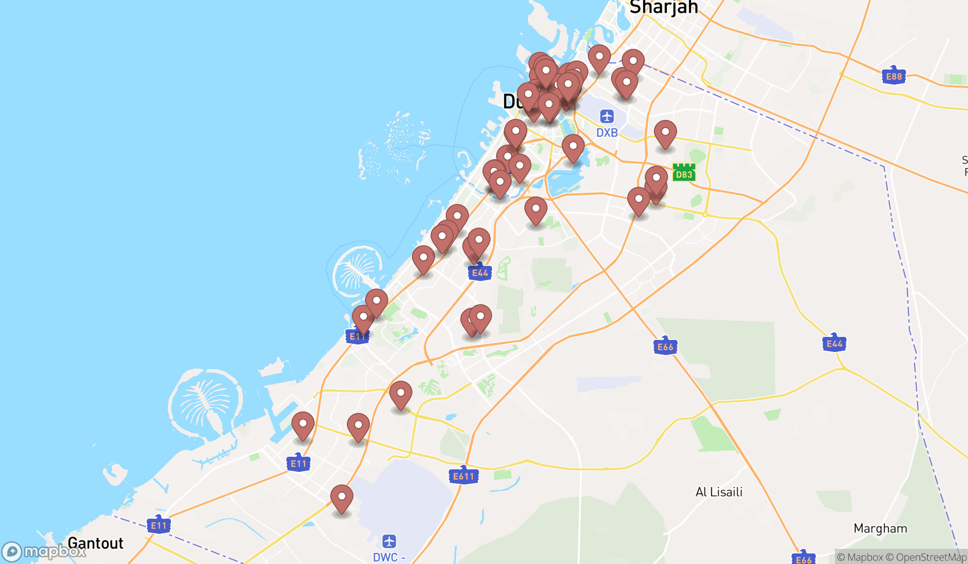 Map showing the search results in Dubai