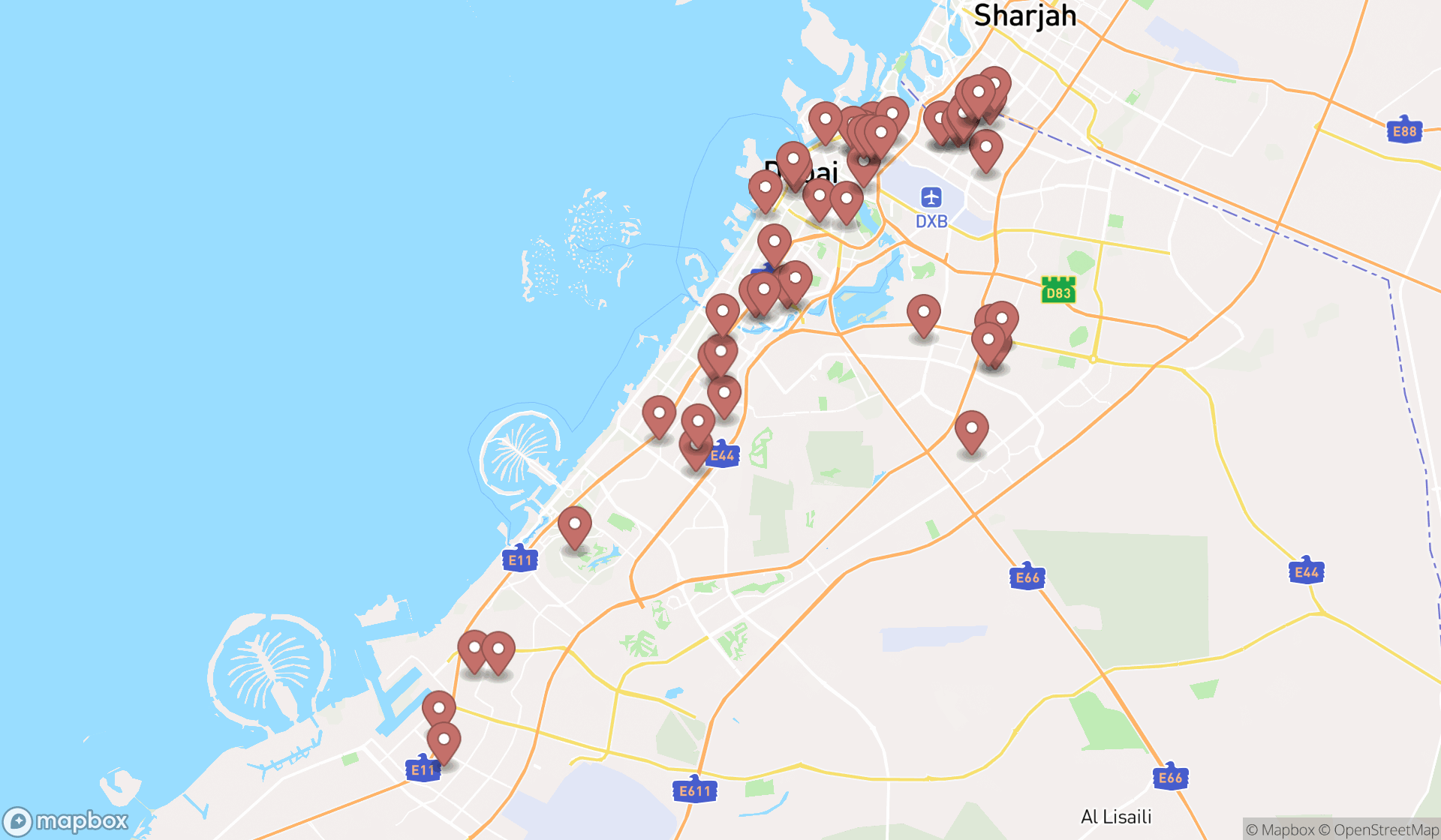 Map showing the search results in Dubai
