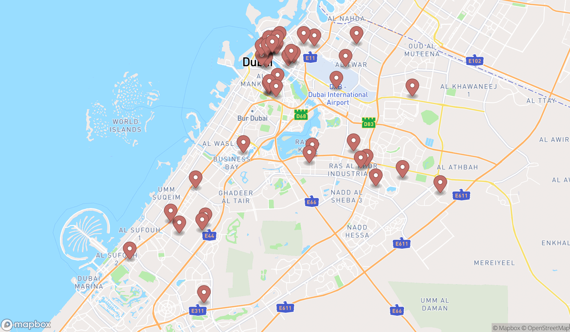 Map showing the search results in Dubai