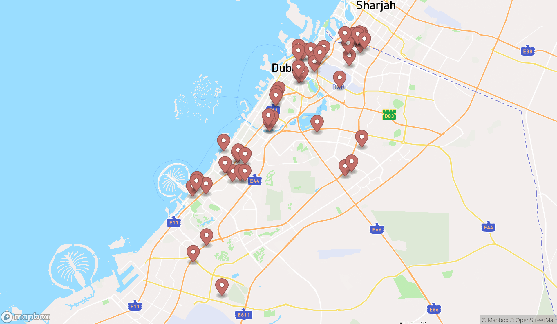 Map showing the search results in Dubai