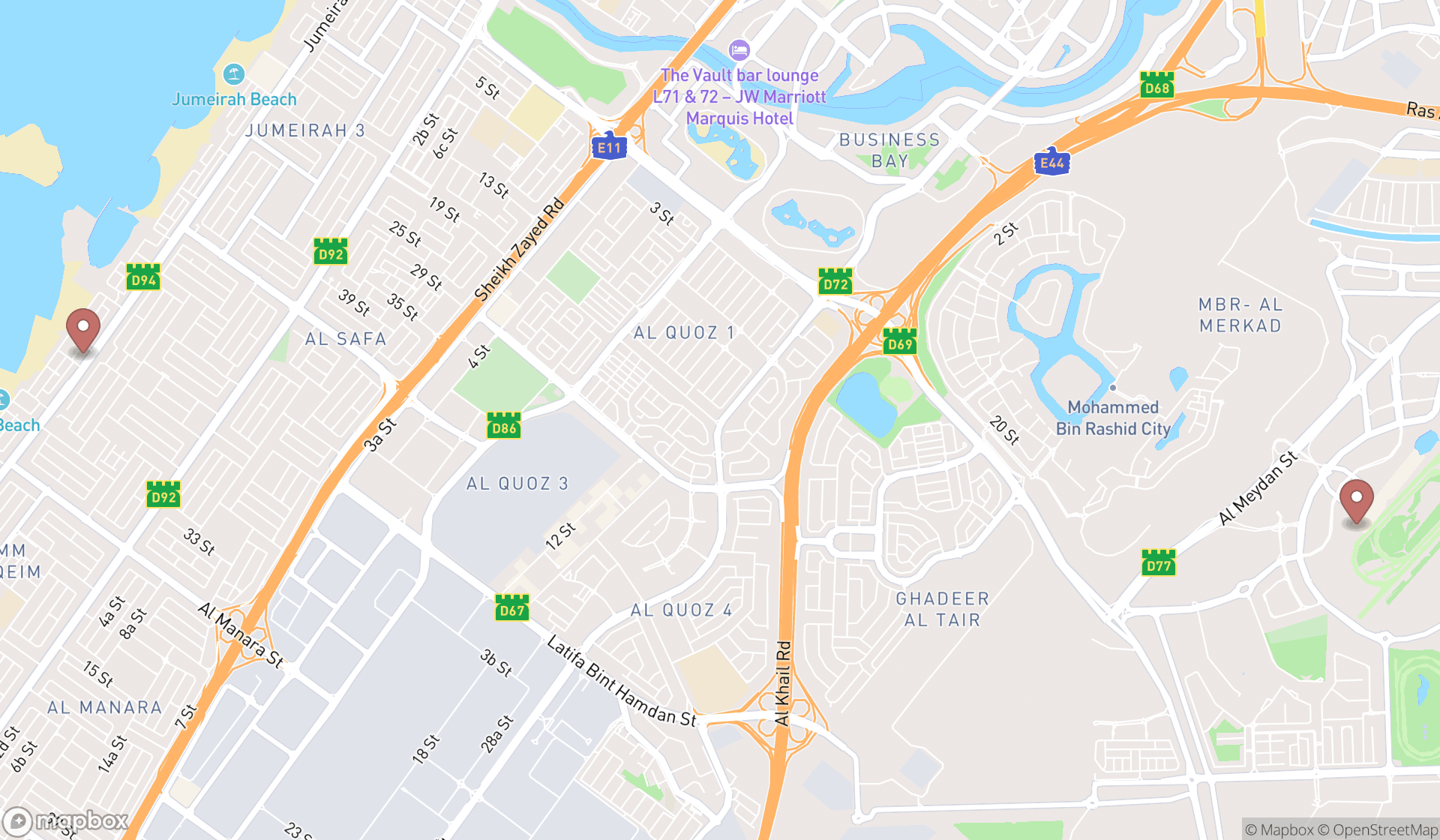 Map showing the search results in Dubai