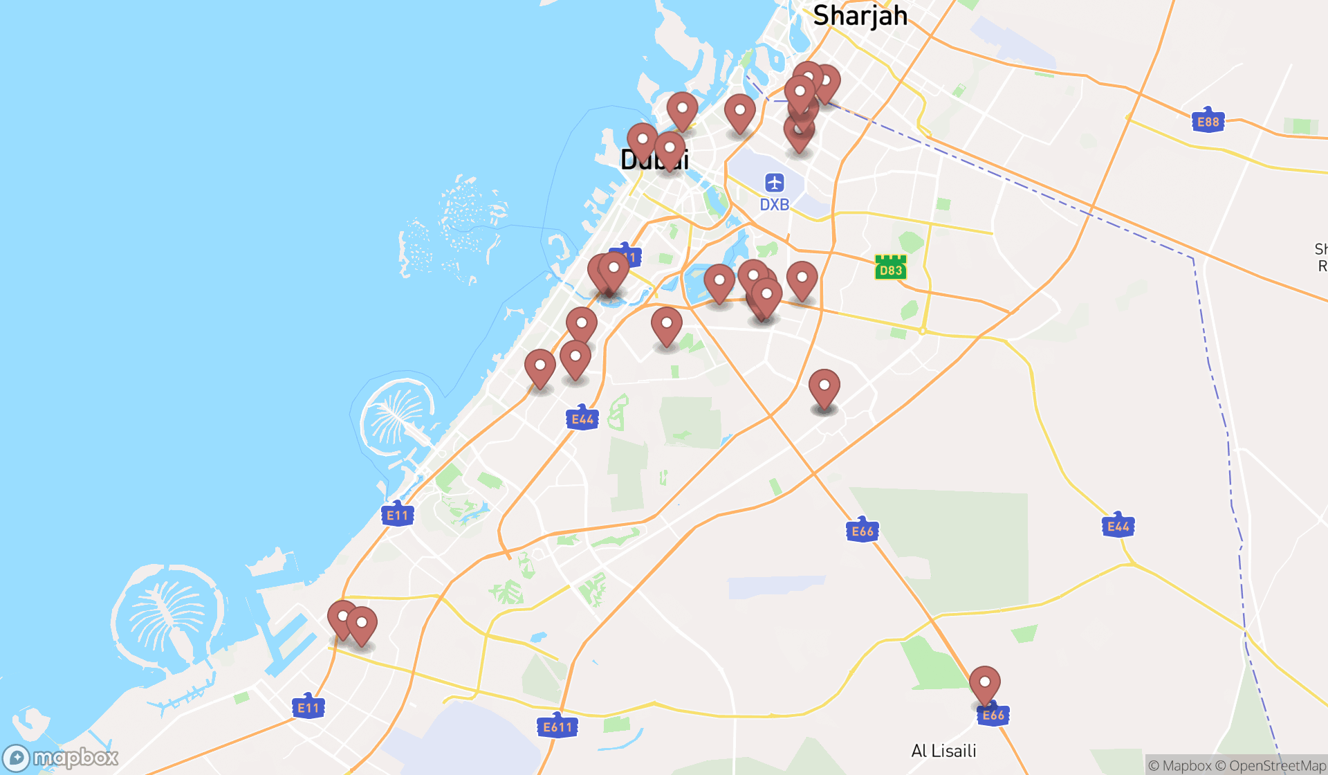 Map showing the search results in Dubai