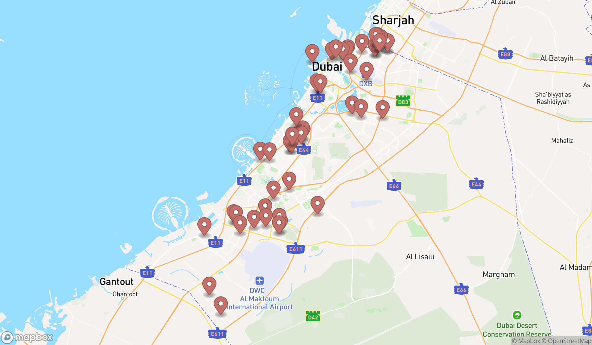 Map showing the search results in Dubai