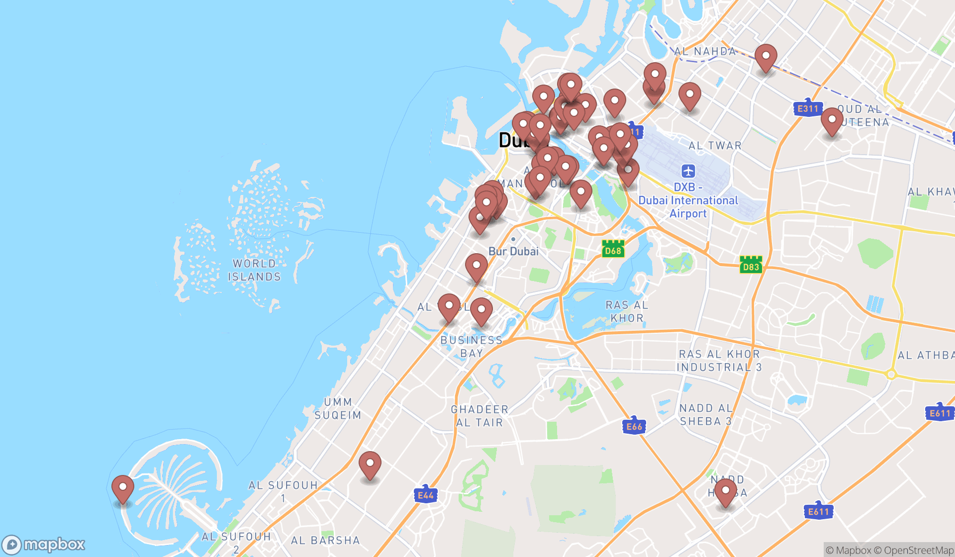 Map showing the search results in Dubai