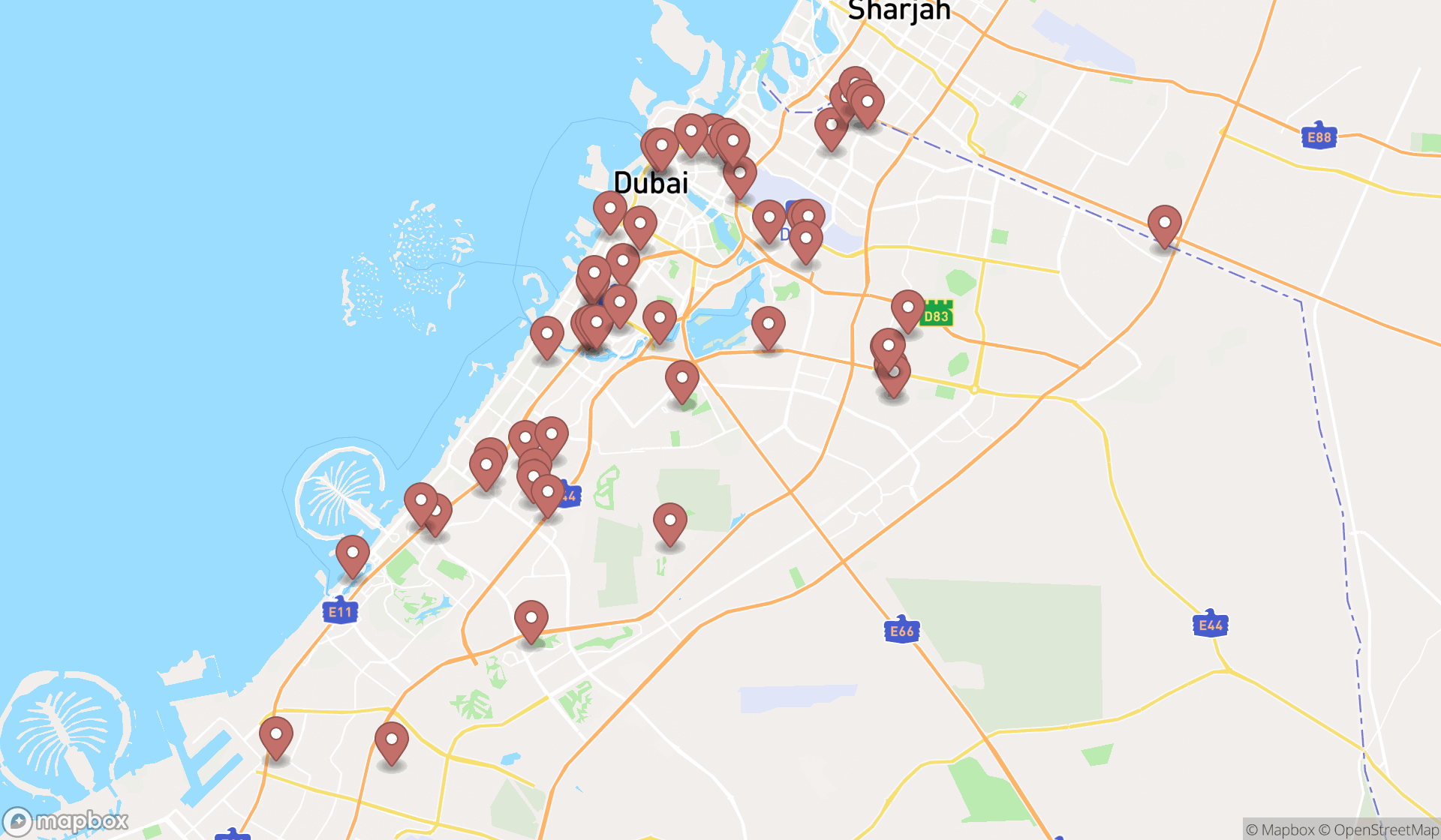 Map showing the search results in Dubai