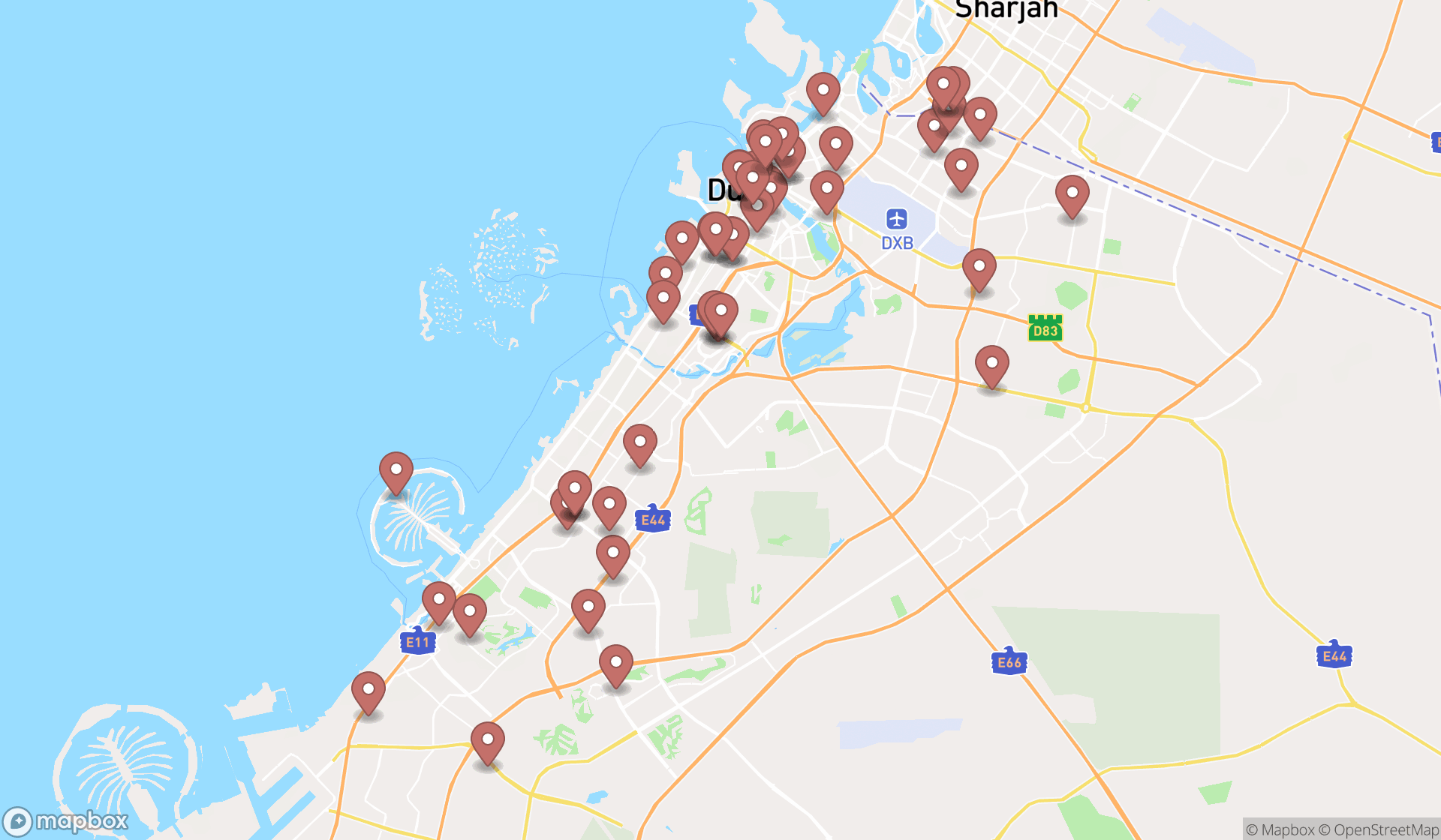 Map showing the search results in Dubai