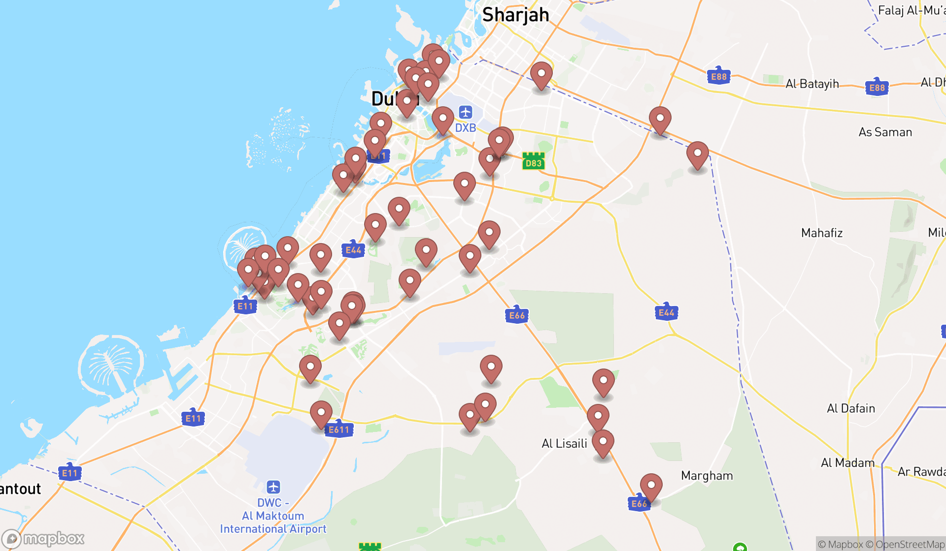 Map showing the search results in Dubai