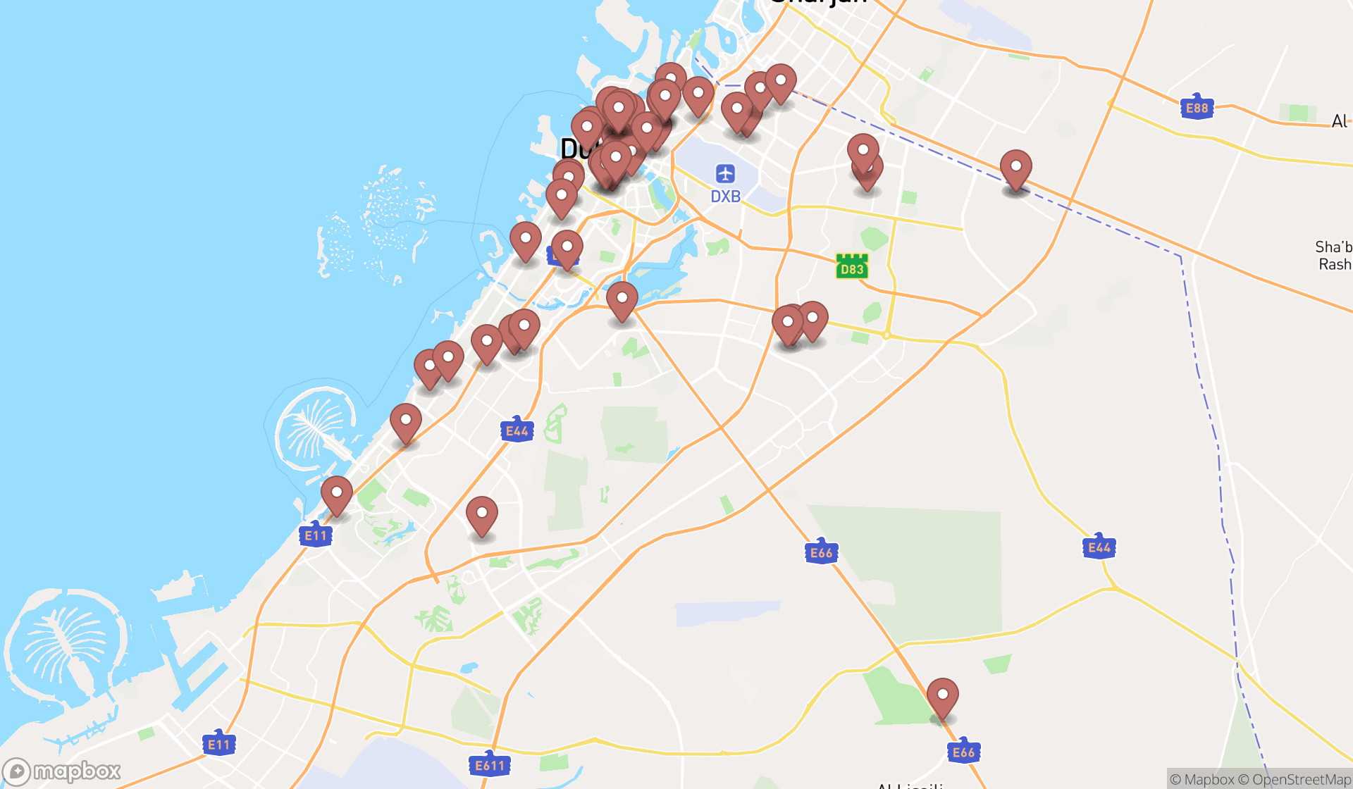 Map showing the search results in Dubai