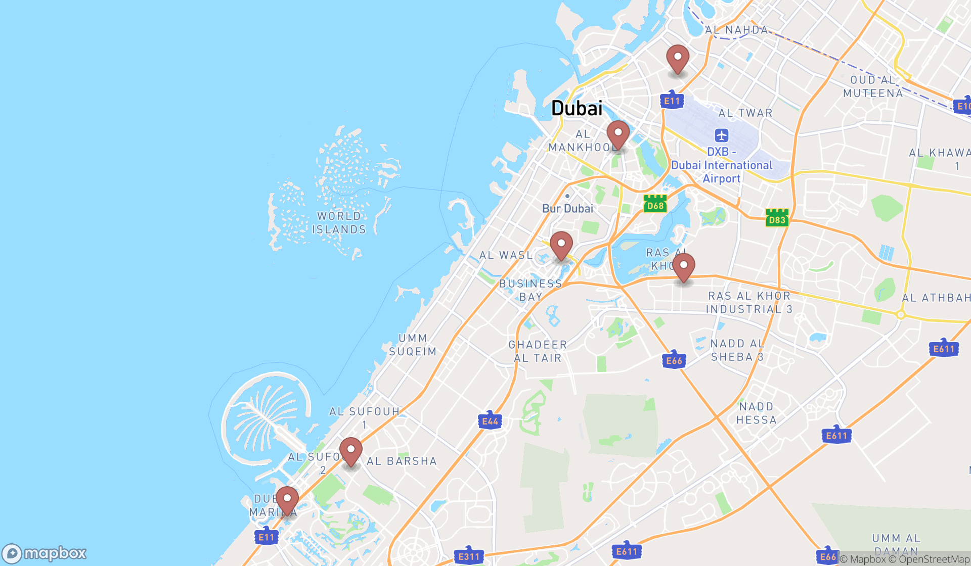 Map showing the search results in Dubai