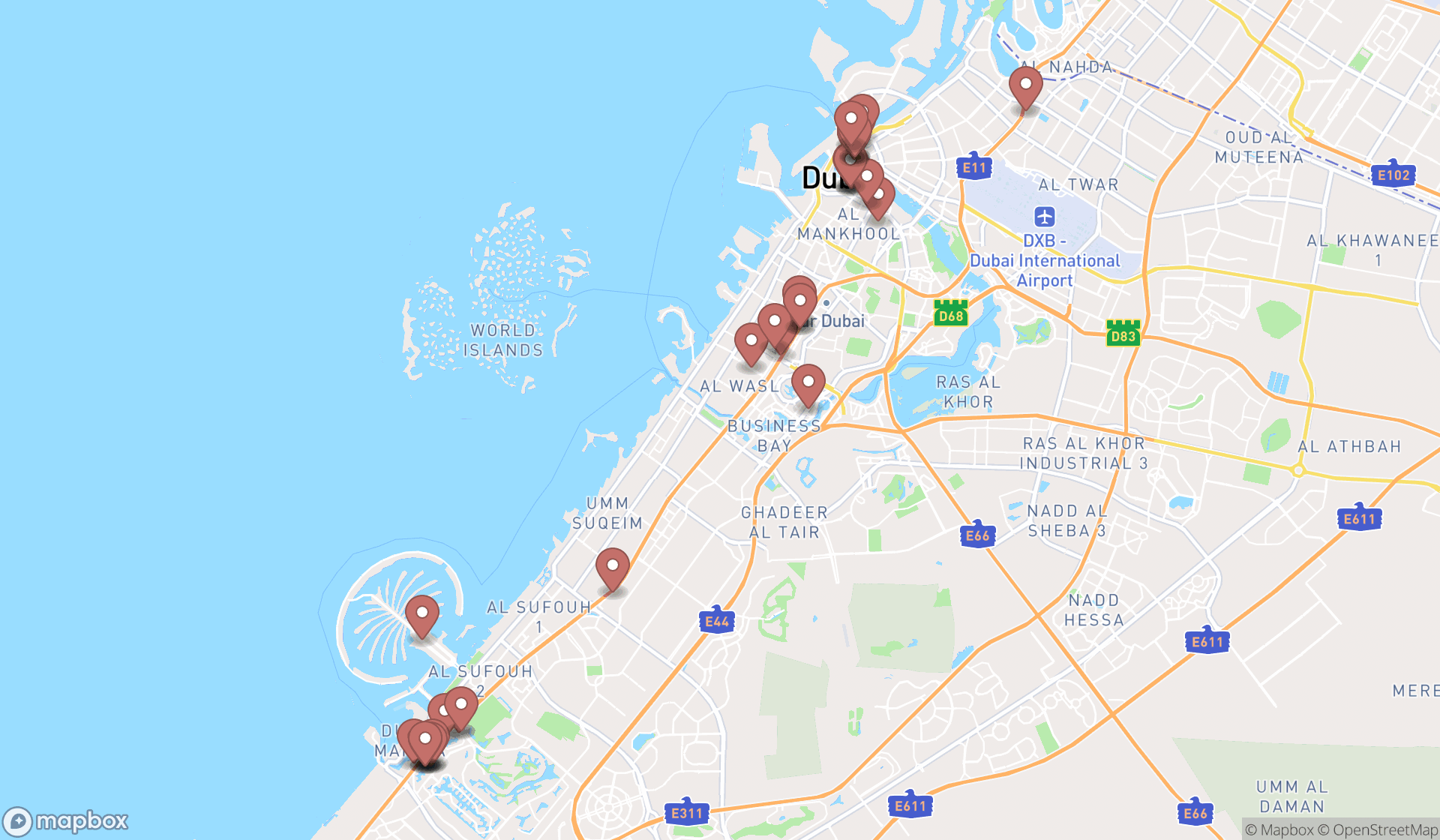 Map showing the search results in Dubai