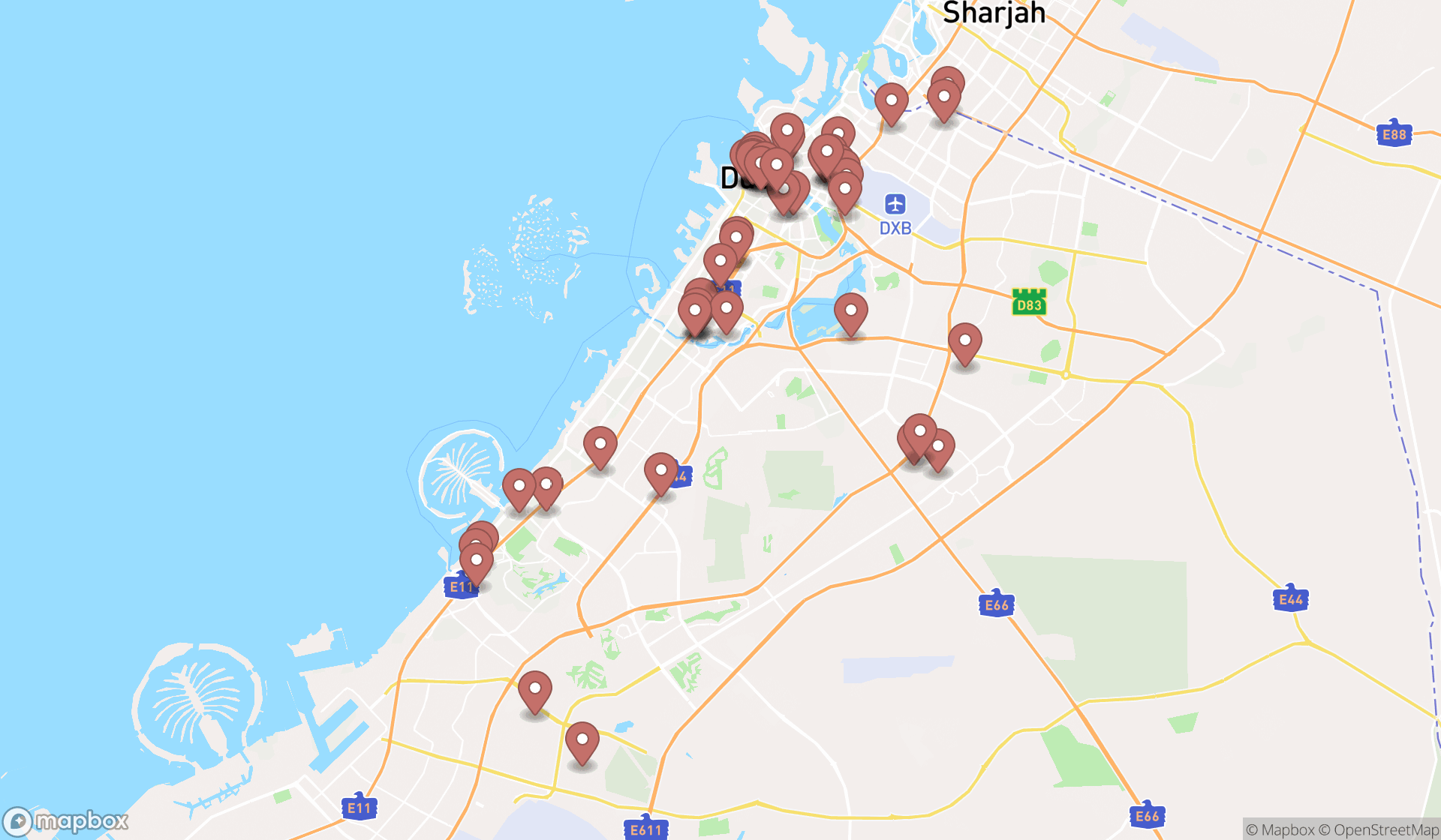 Map showing the search results in Dubai