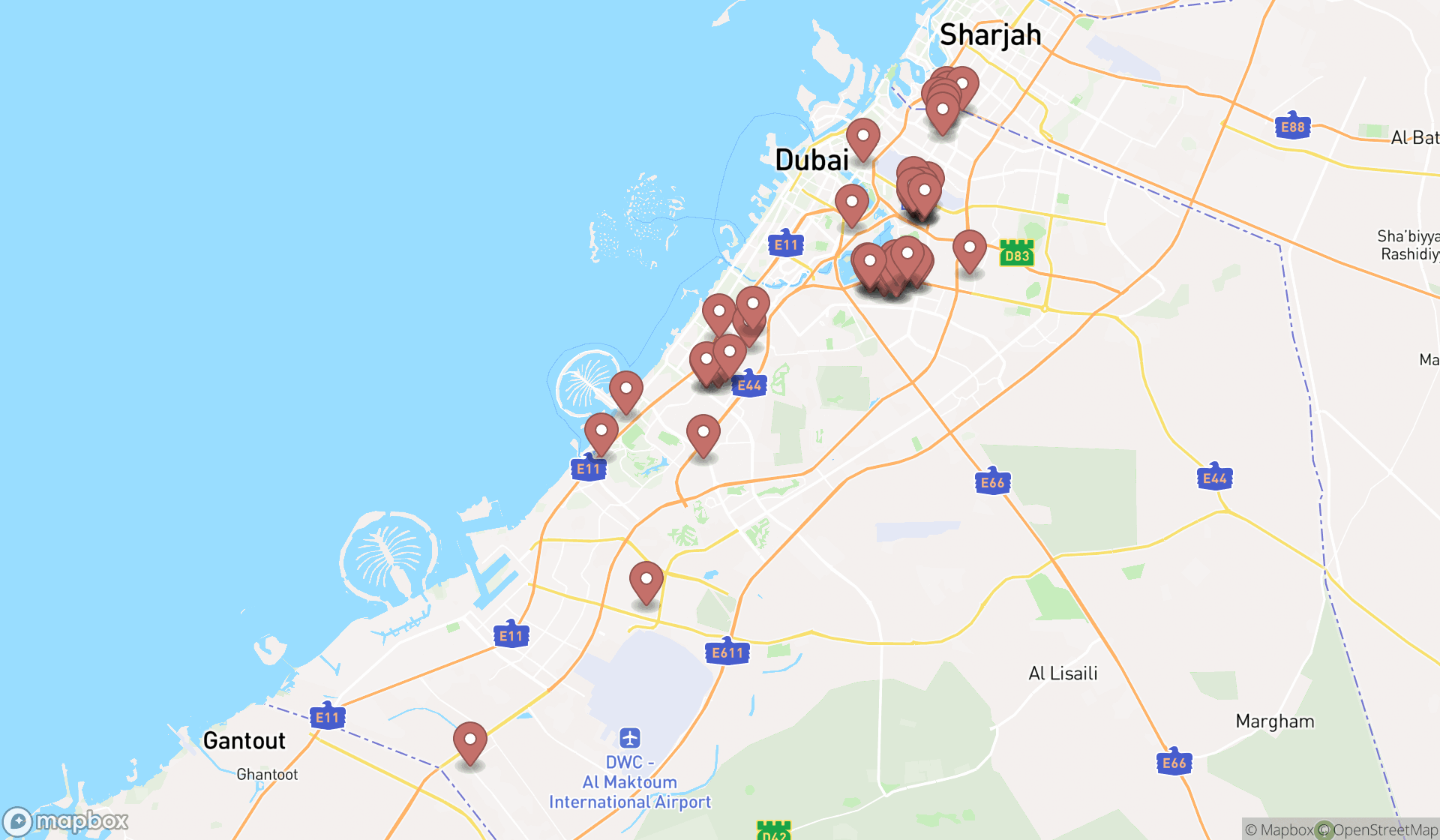 Map showing the search results in Dubai