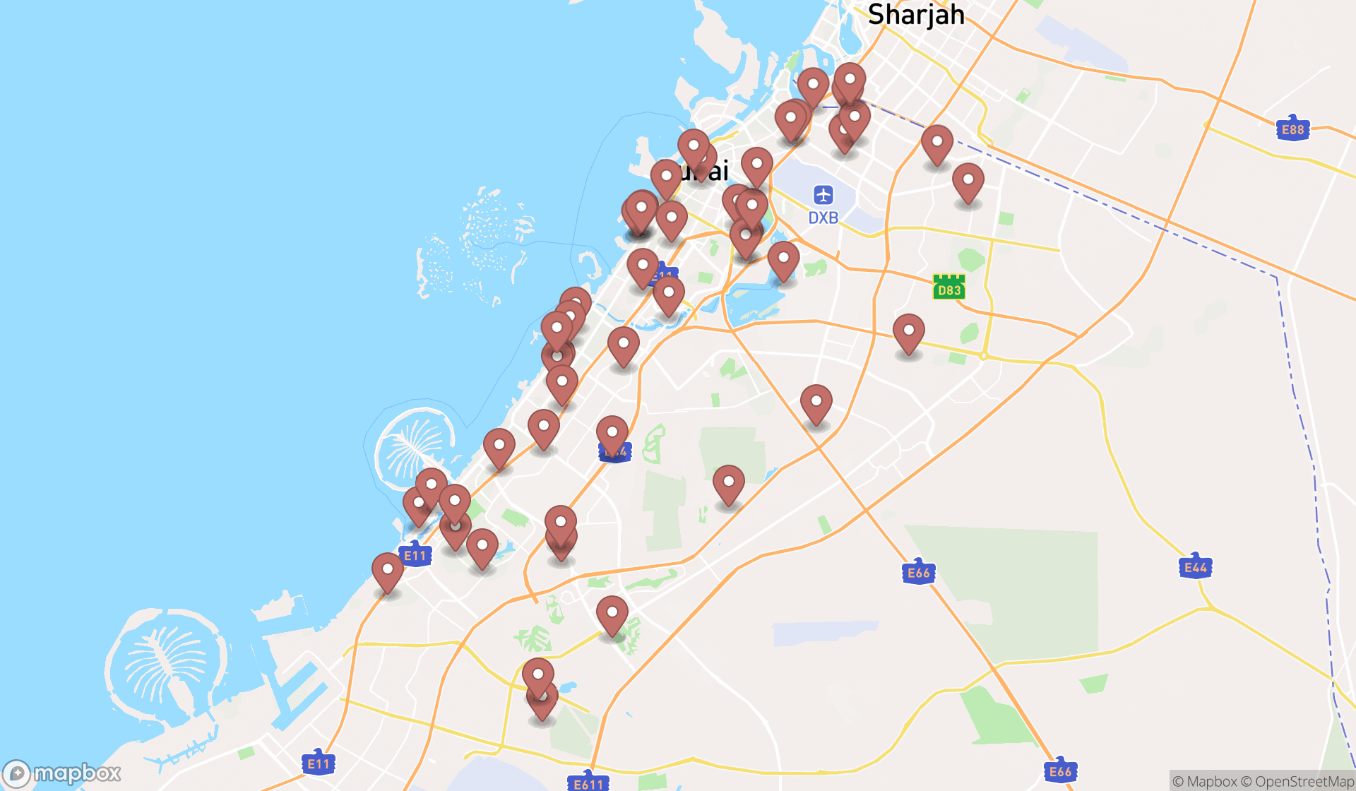 Map showing the search results in Dubai