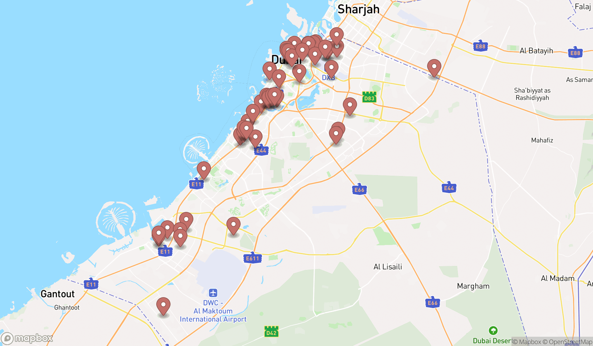 Map showing the search results in Dubai