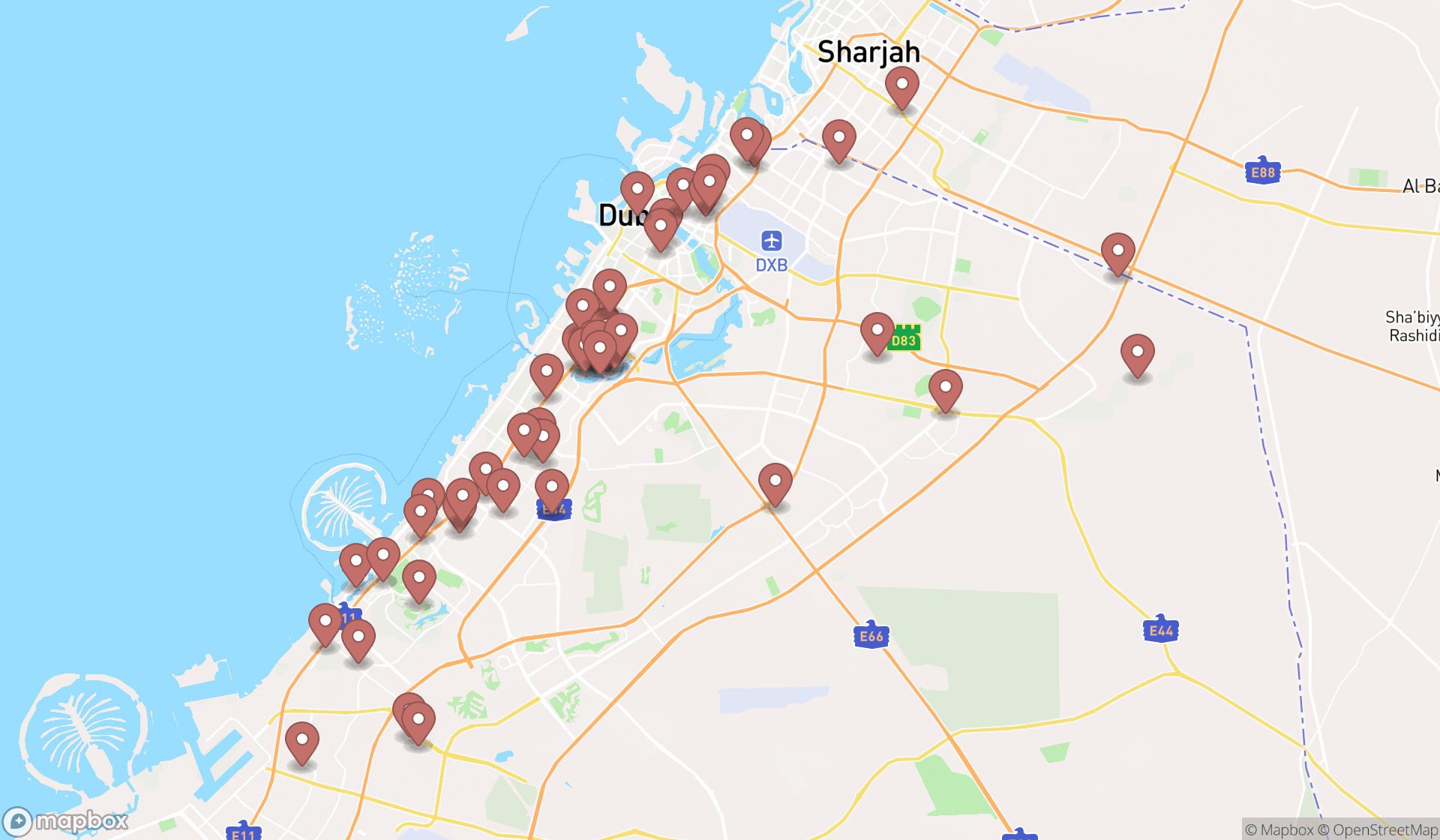 Map showing the search results in Dubai