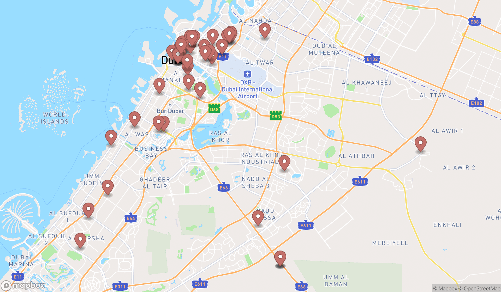 Map showing the search results in Dubai
