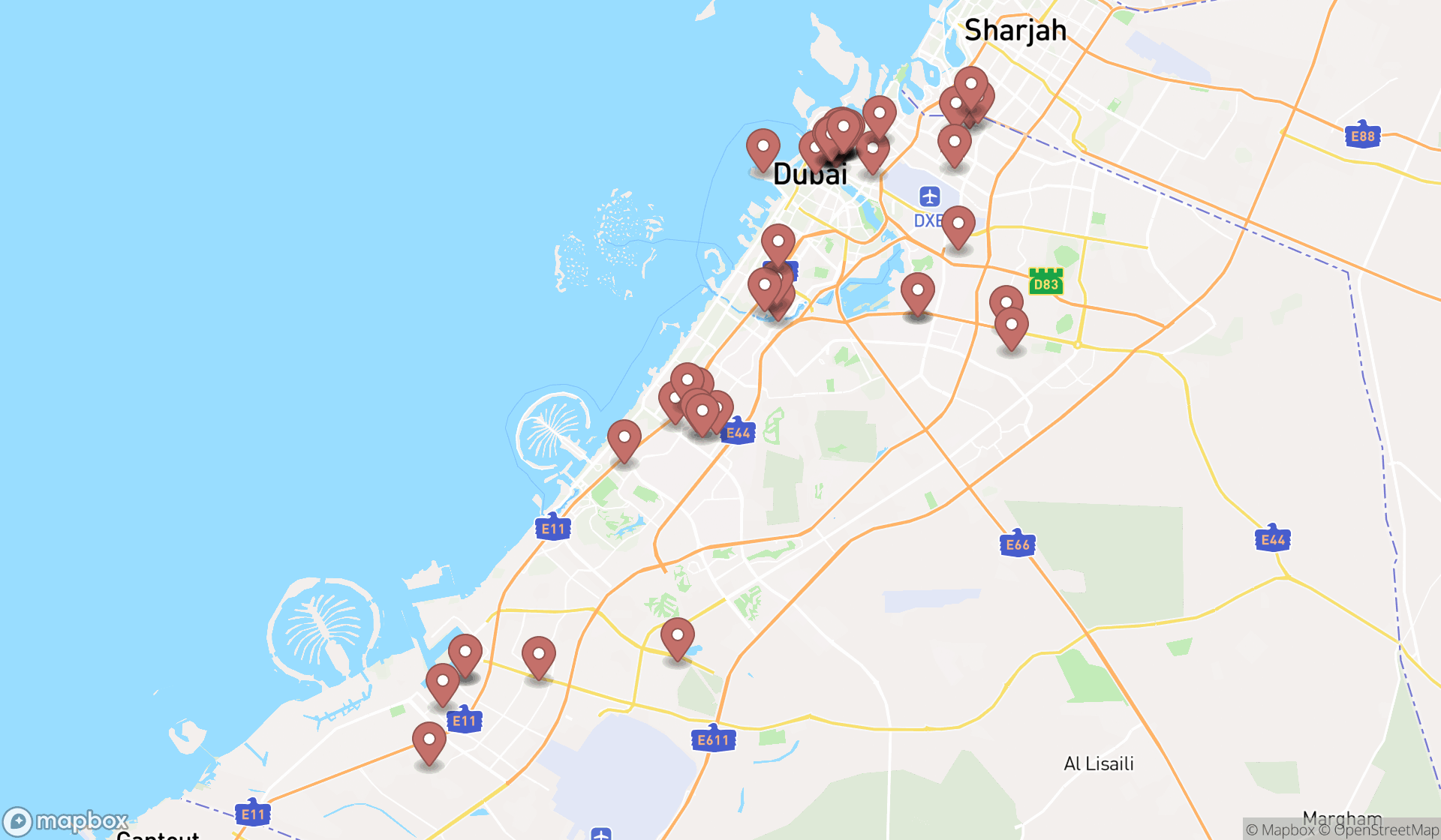 Map showing the search results in Dubai