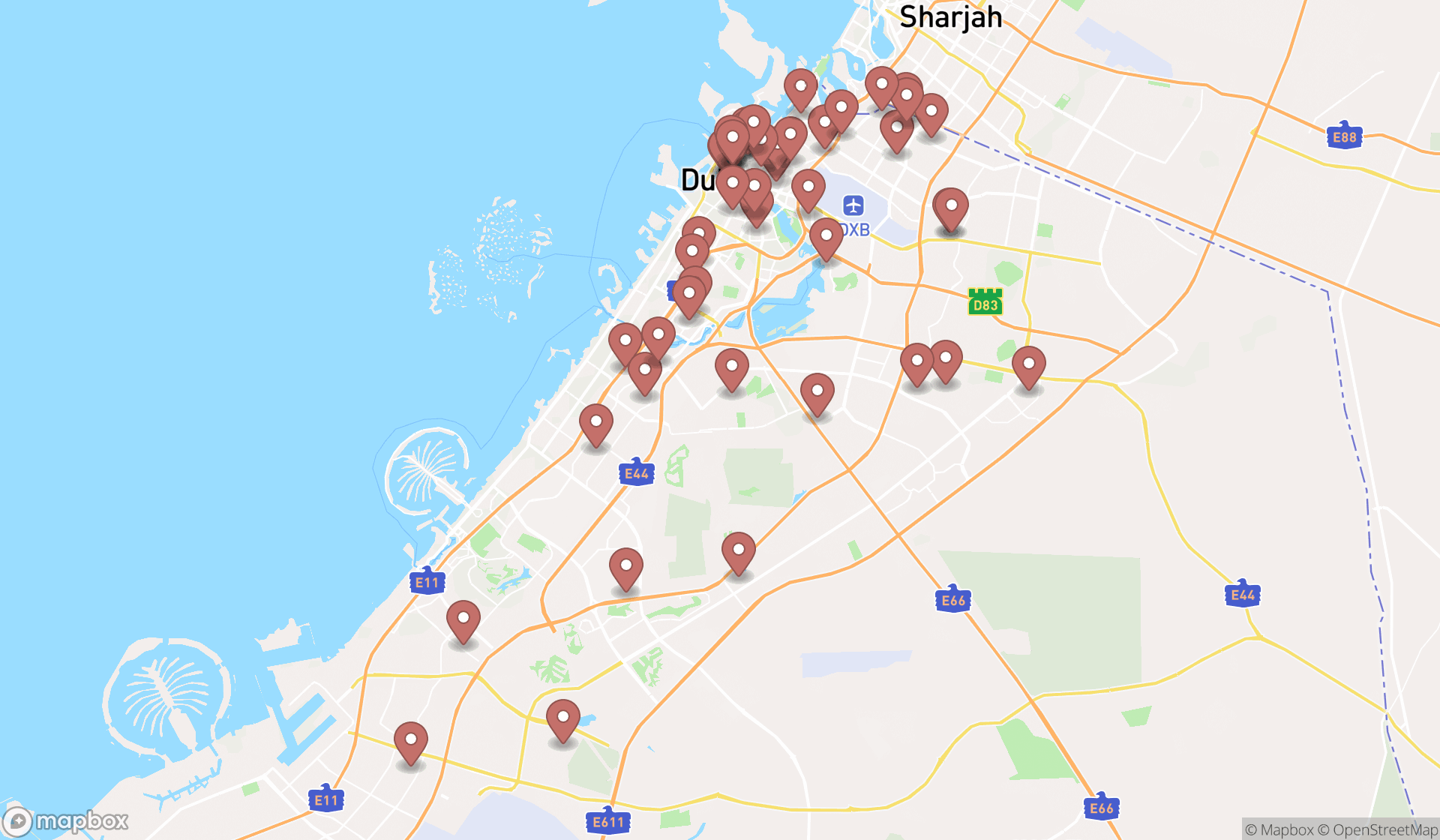 Map showing the search results in Dubai
