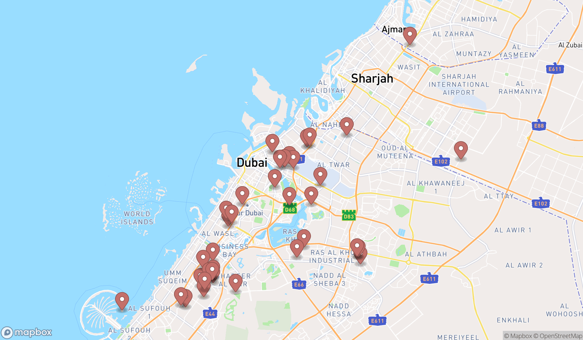 Map showing the search results in Dubai