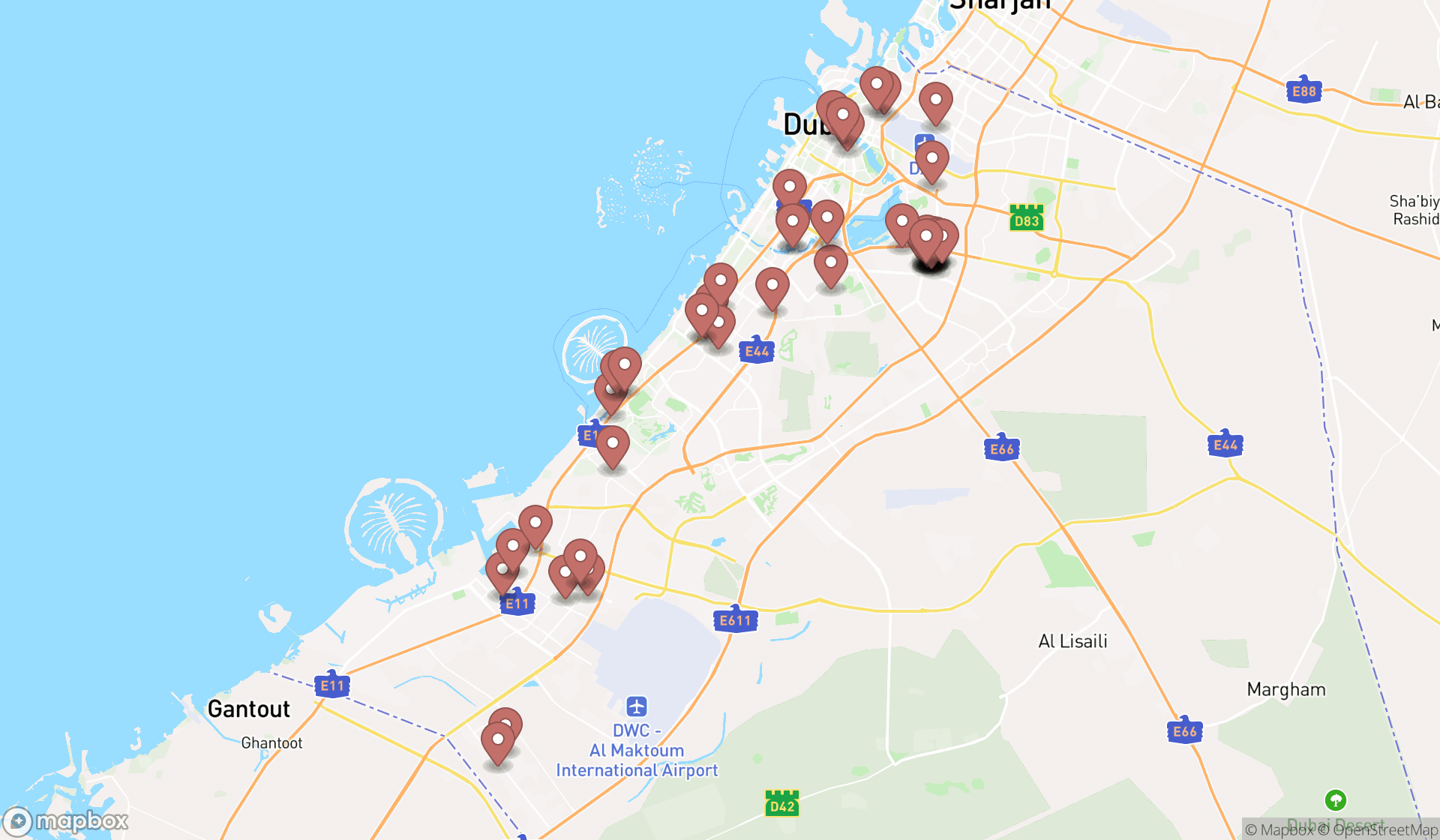 Map showing the search results in Dubai