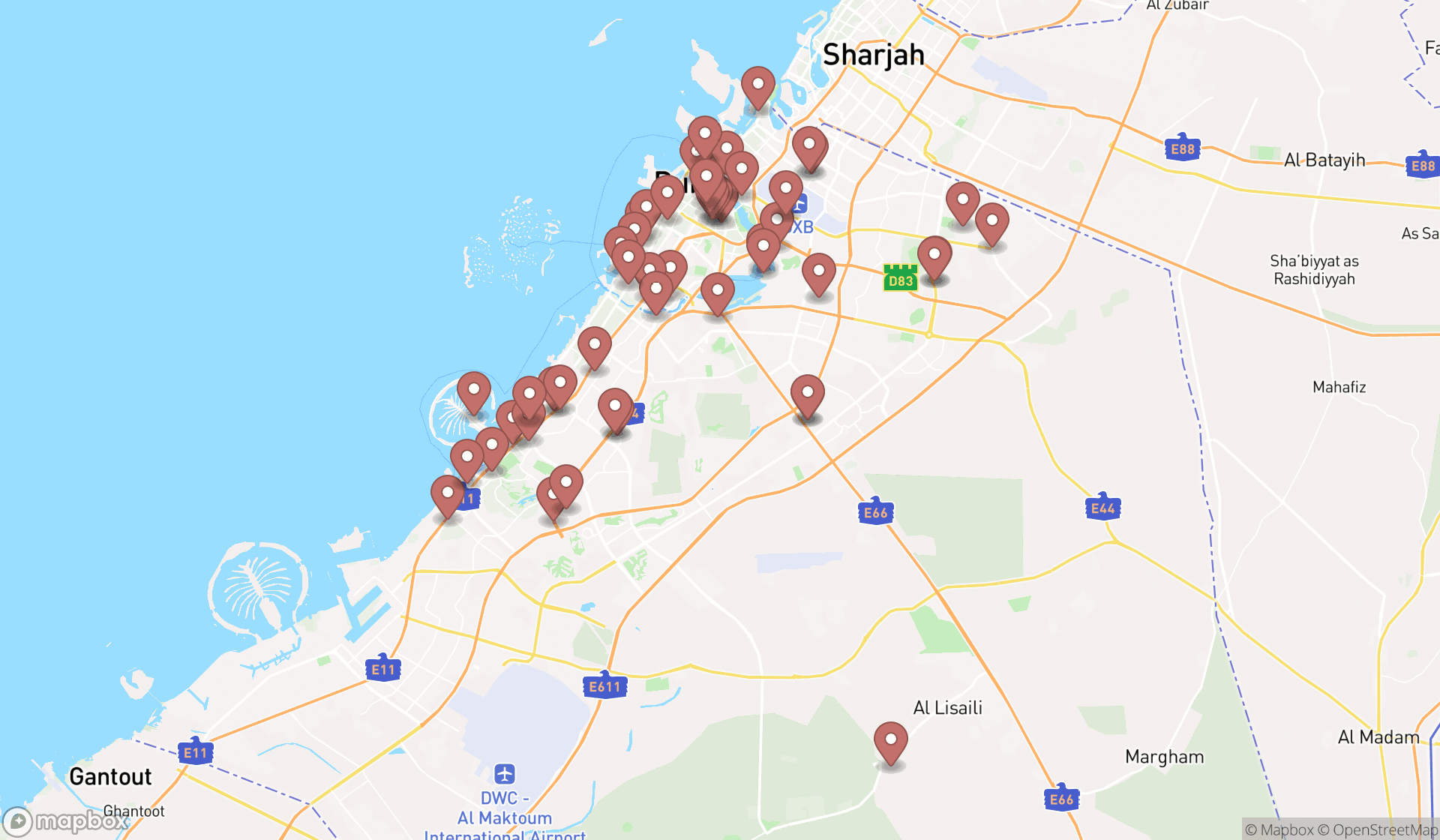 Map showing the search results in Dubai