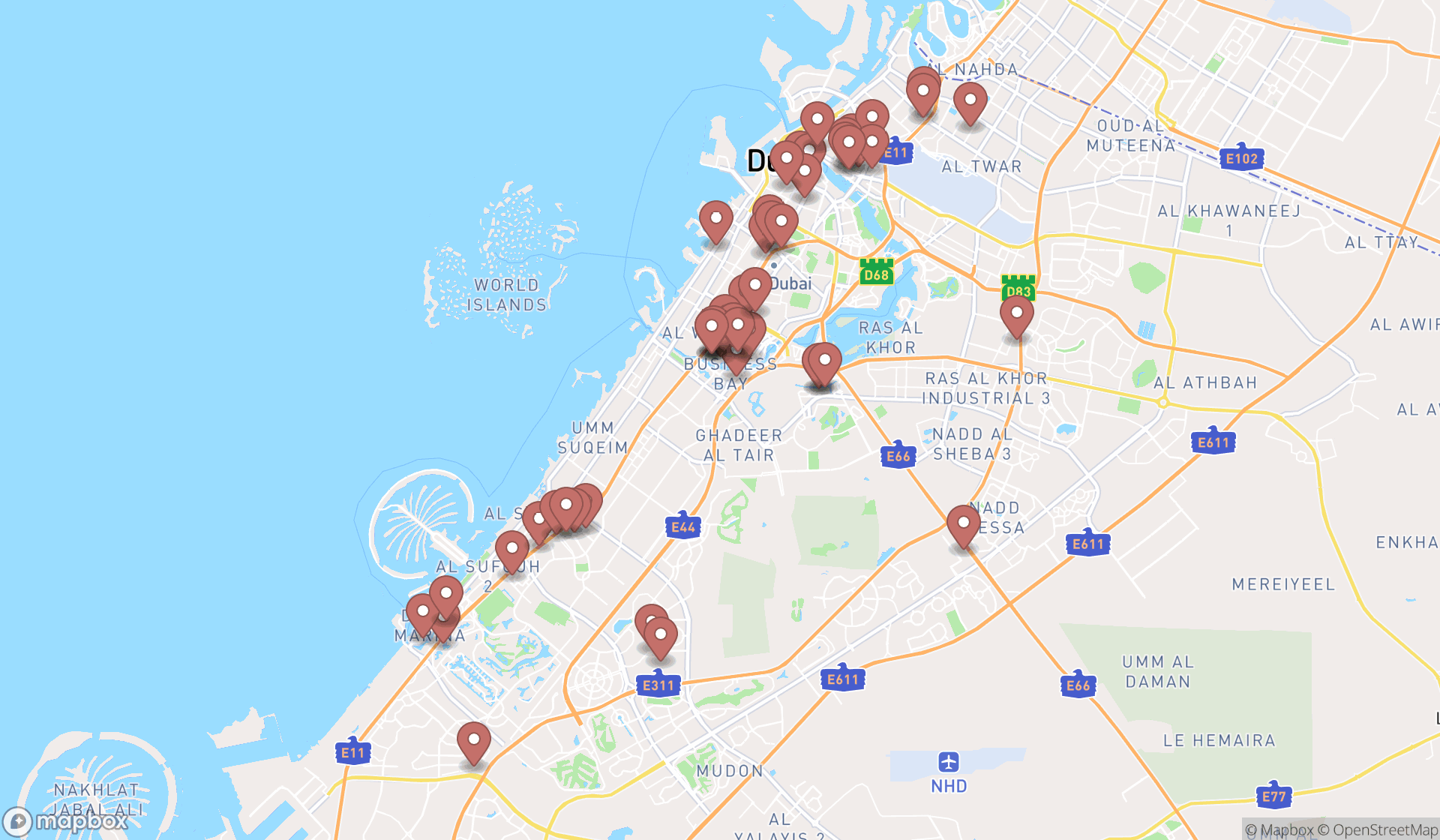Map showing the search results in Dubai