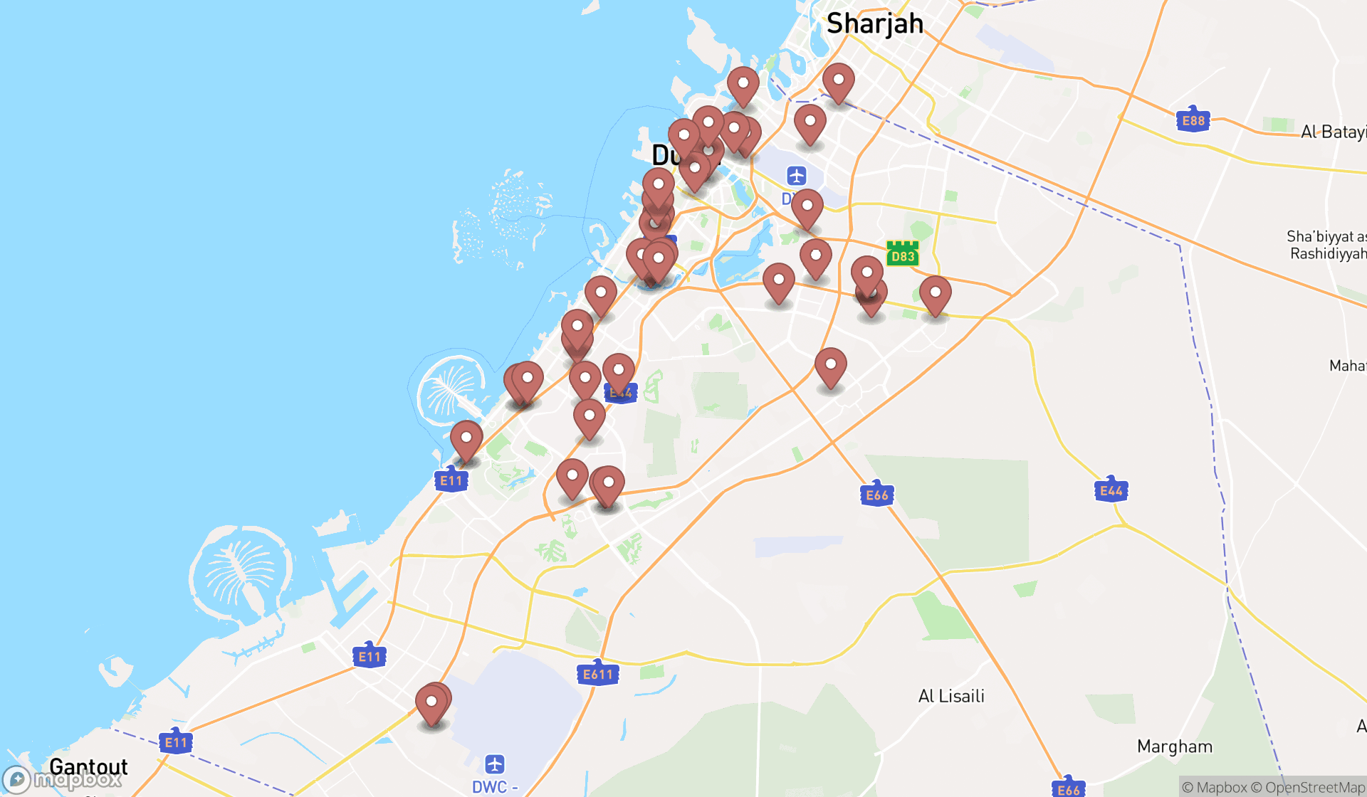 Map showing the search results in Dubai