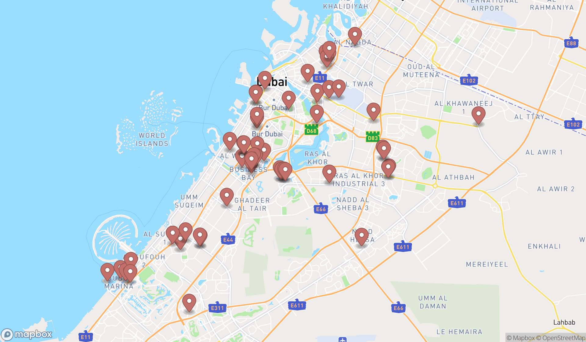 Map showing the search results in Dubai