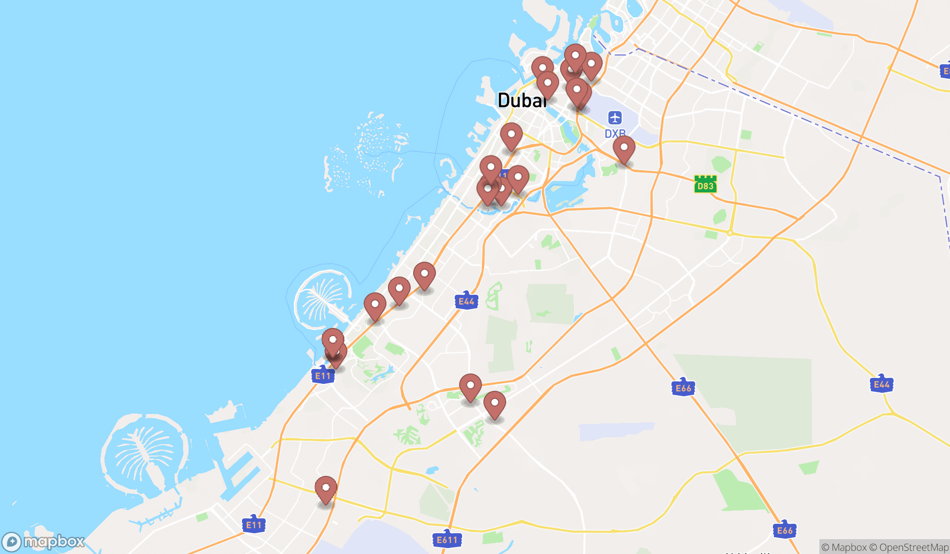 Map showing the search results in Dubai