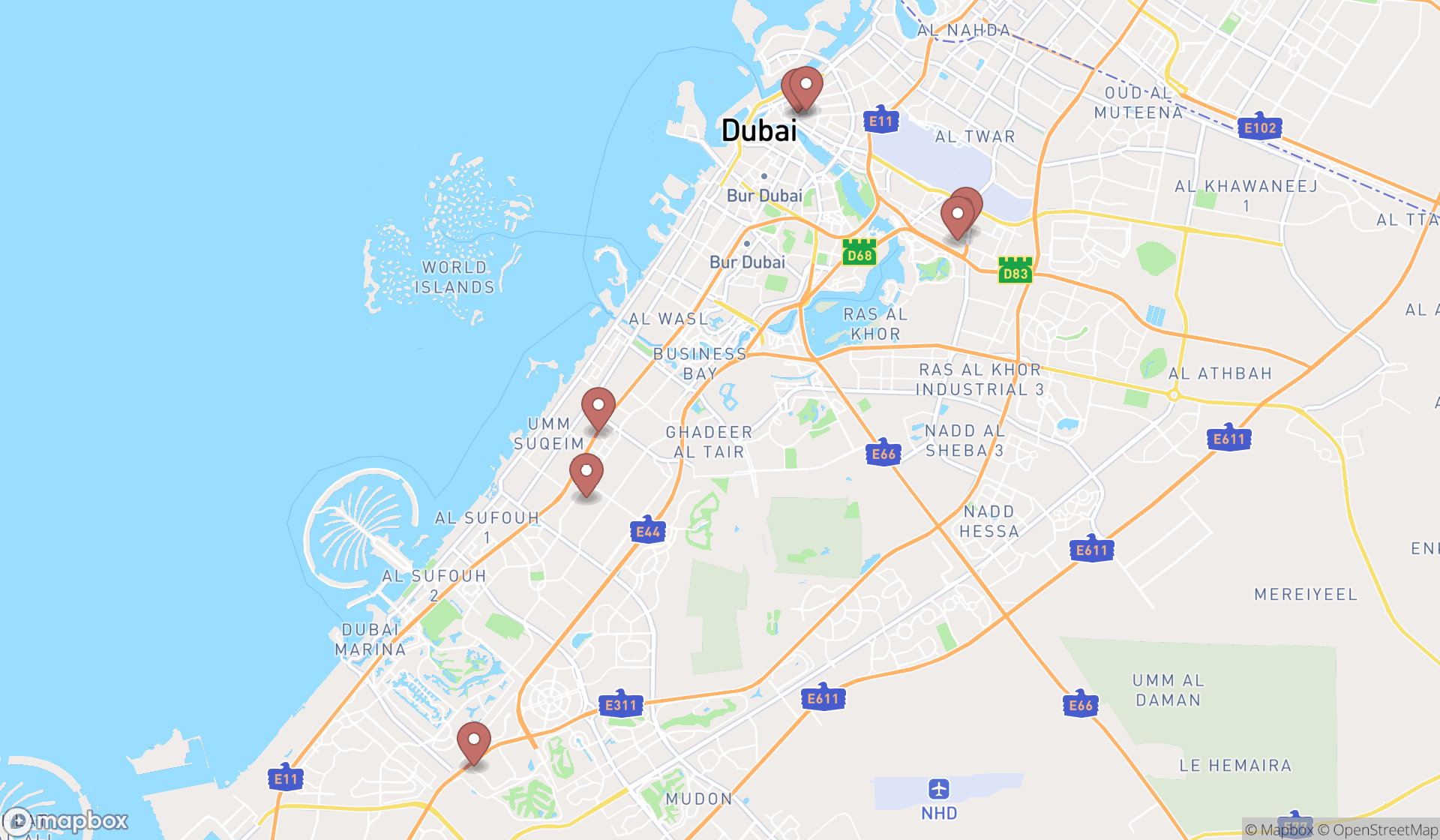 Map showing the search results in Dubai