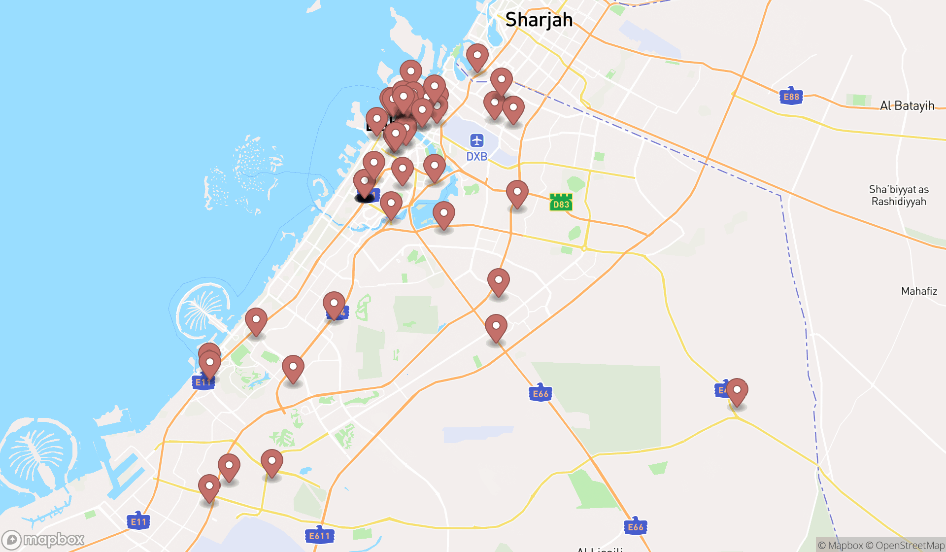Map showing the search results in Dubai