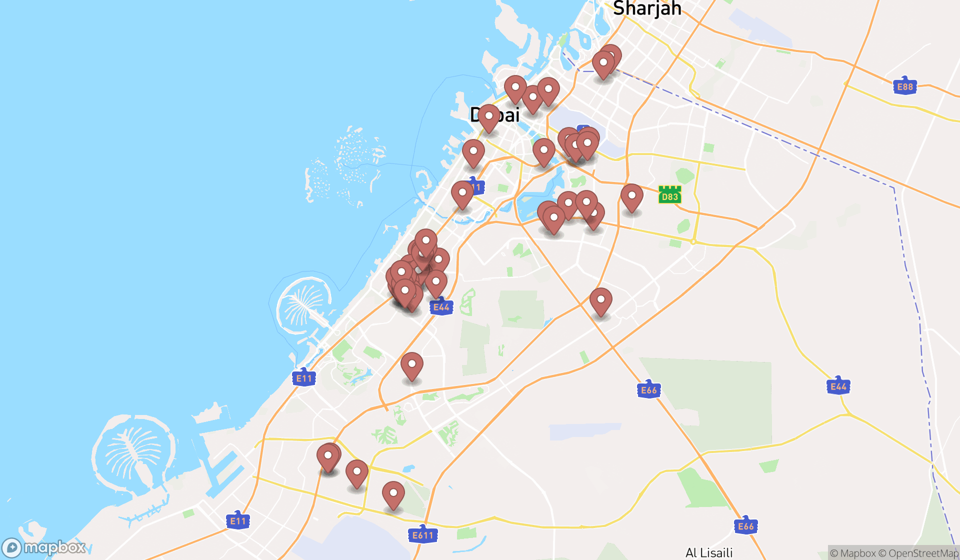 Map showing the search results in Dubai