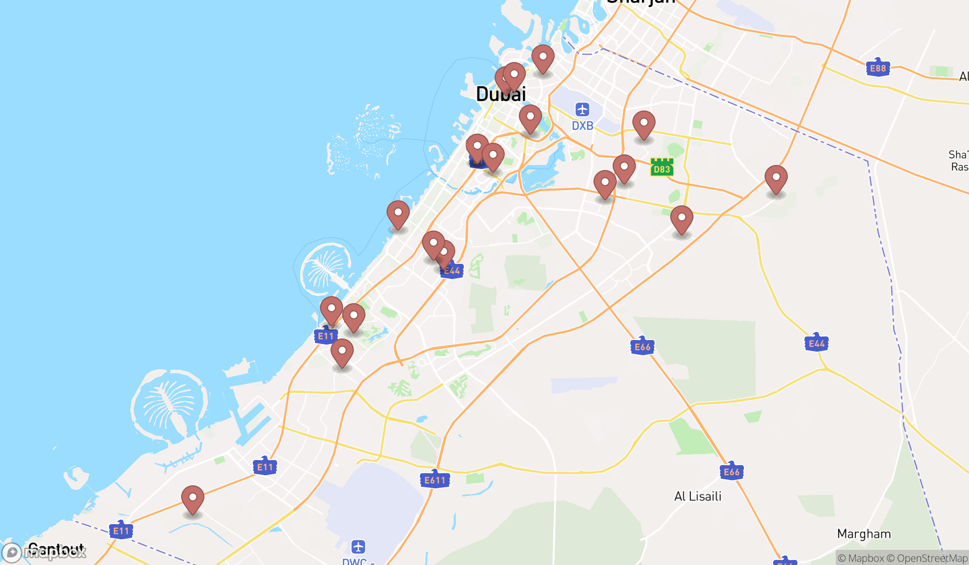Map showing the search results in Dubai