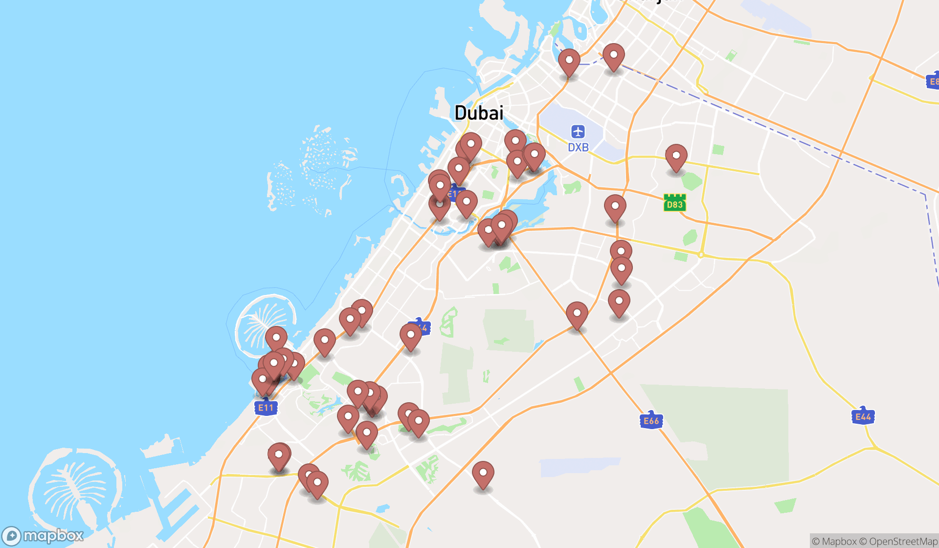 Map showing the search results in Dubai