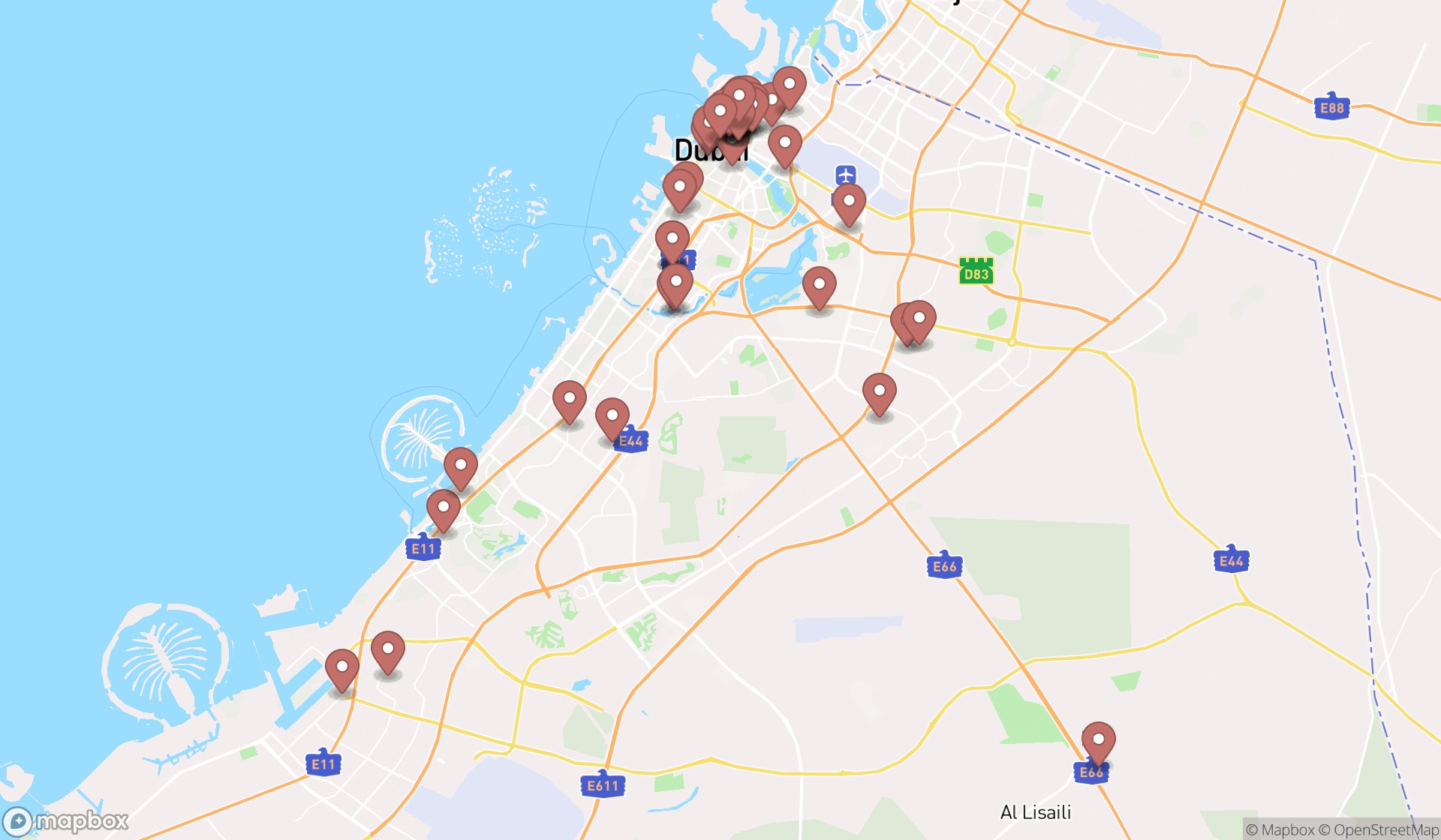 Map showing the search results in Dubai