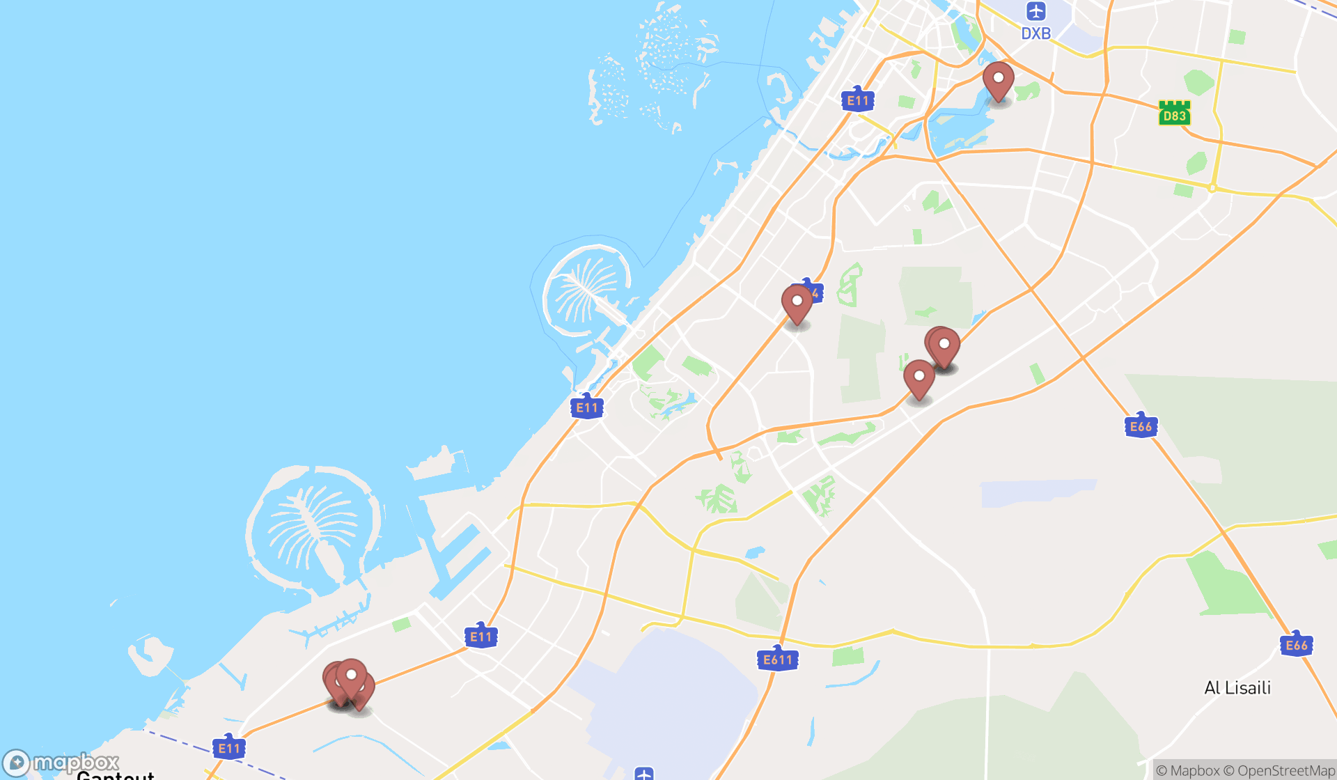 Map showing the search results in Dubai