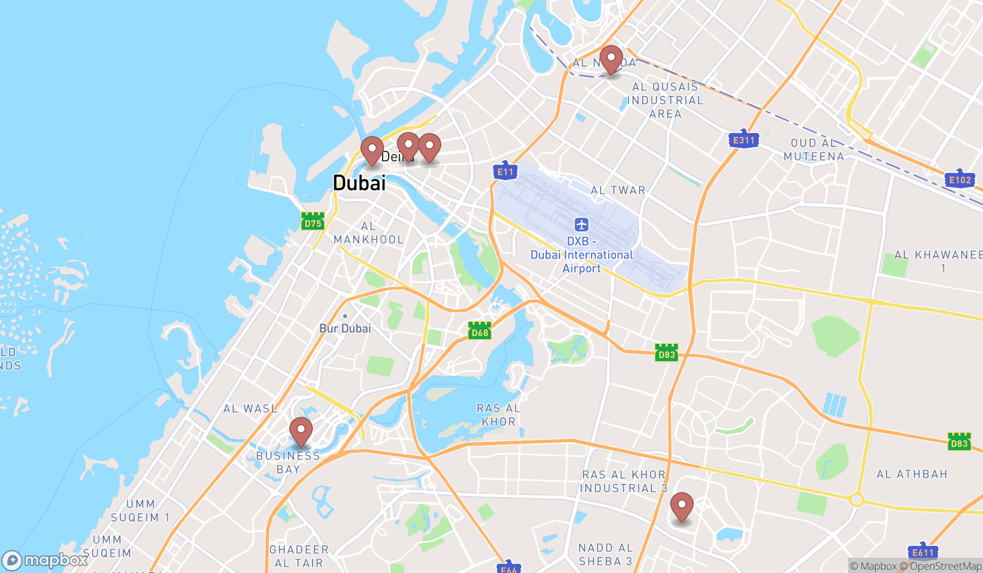 Map showing the search results in Dubai