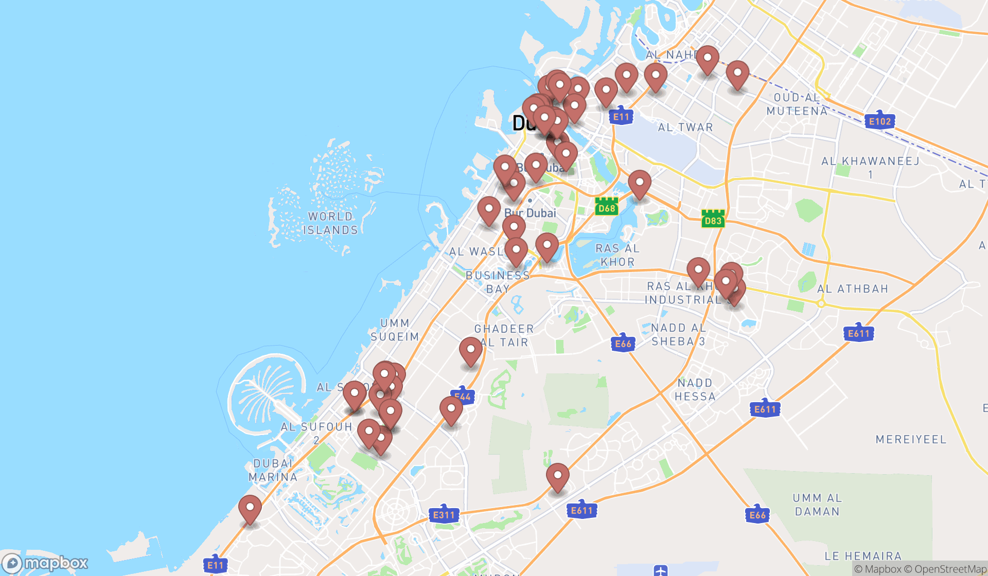 Map showing the search results in Dubai
