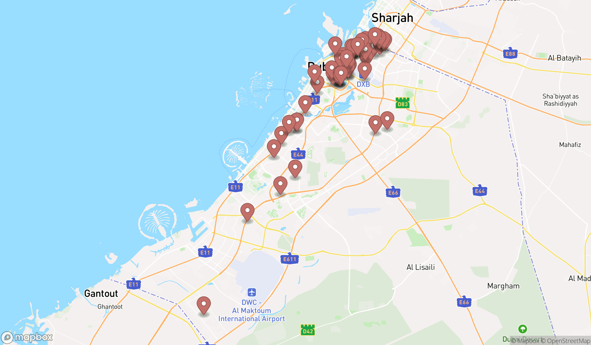 Map showing the search results in Dubai