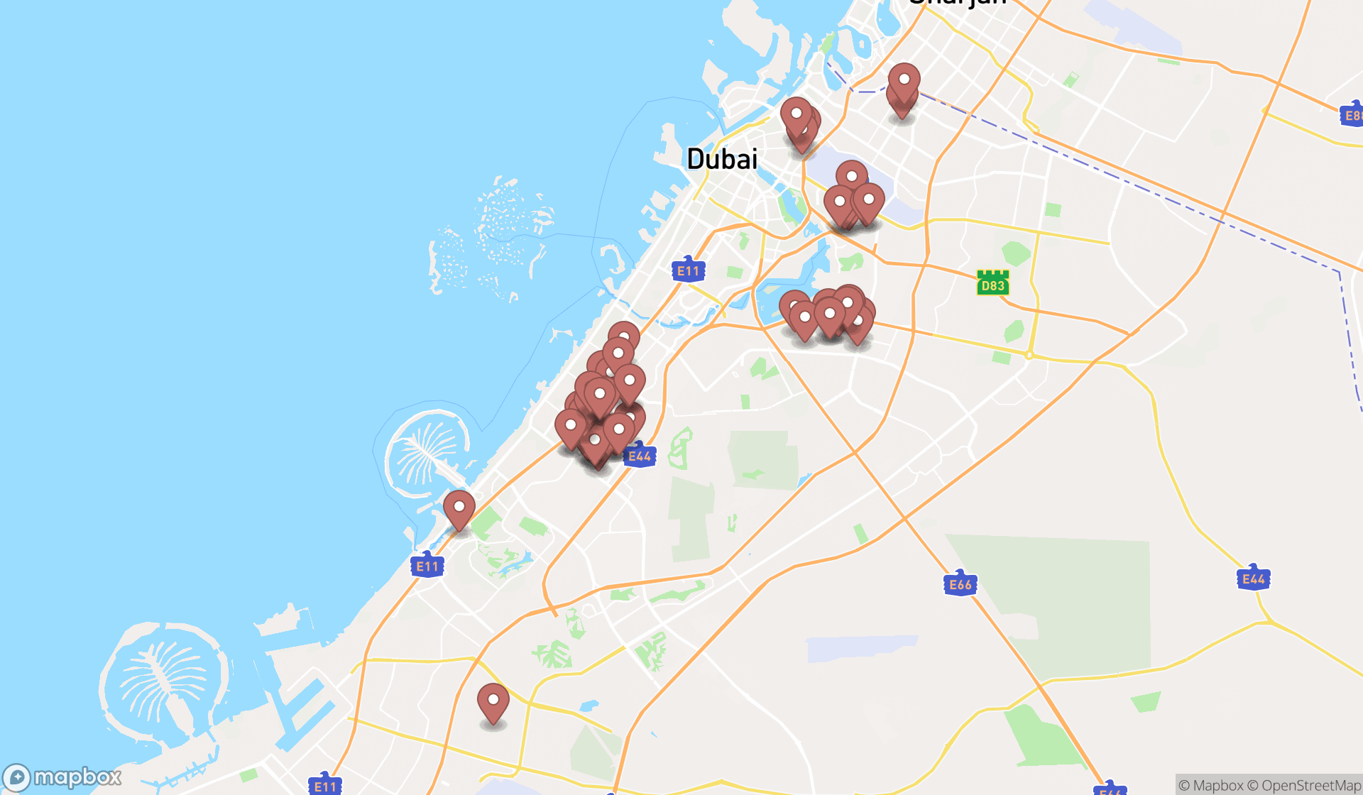 Map showing the search results in Dubai