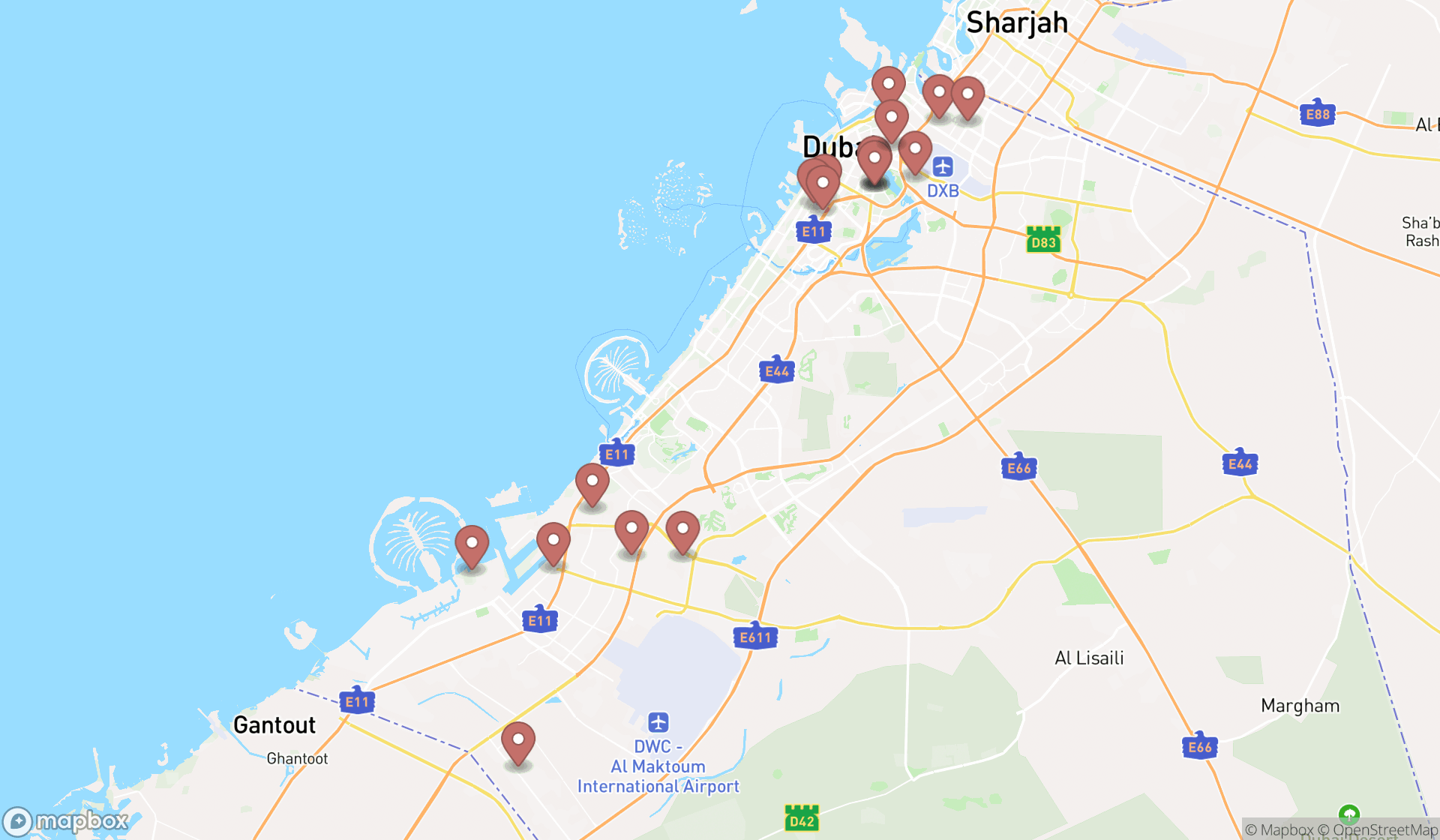 Map showing the search results in Dubai