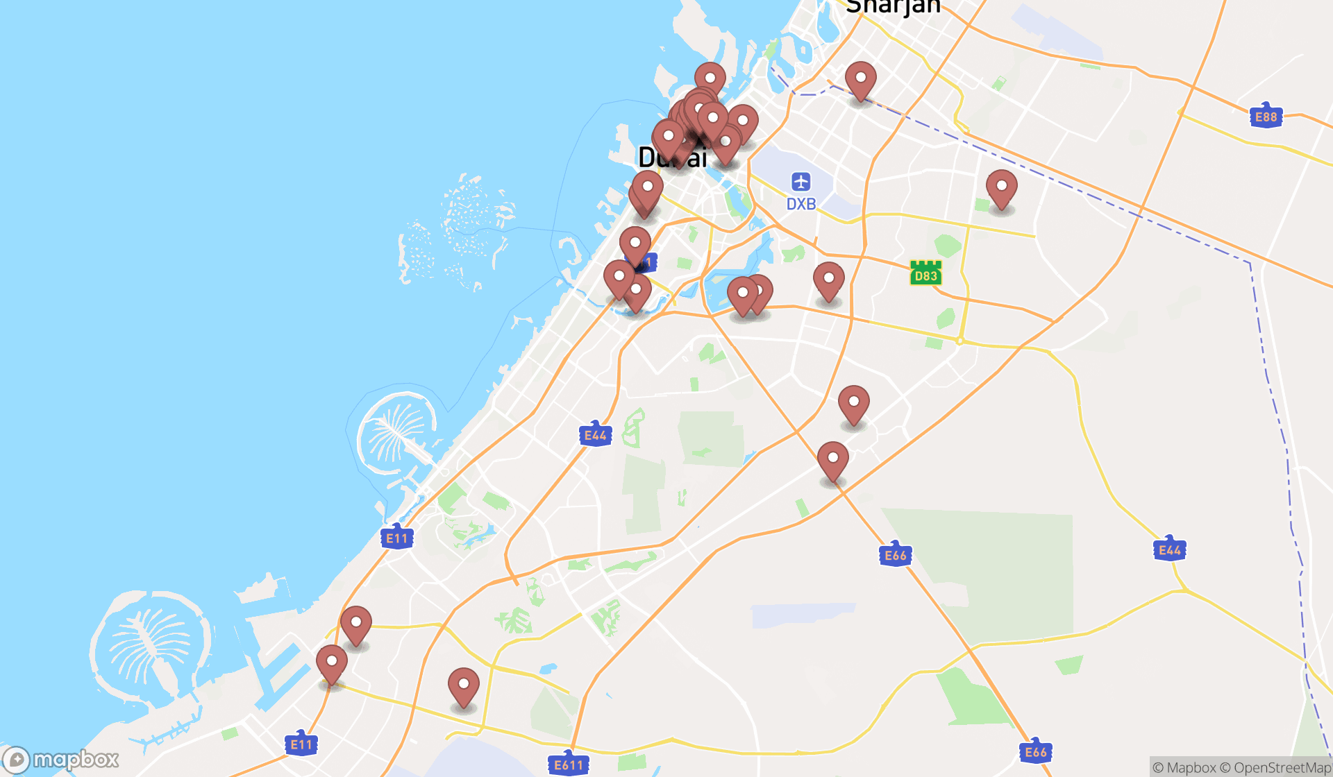 Map showing the search results in Dubai