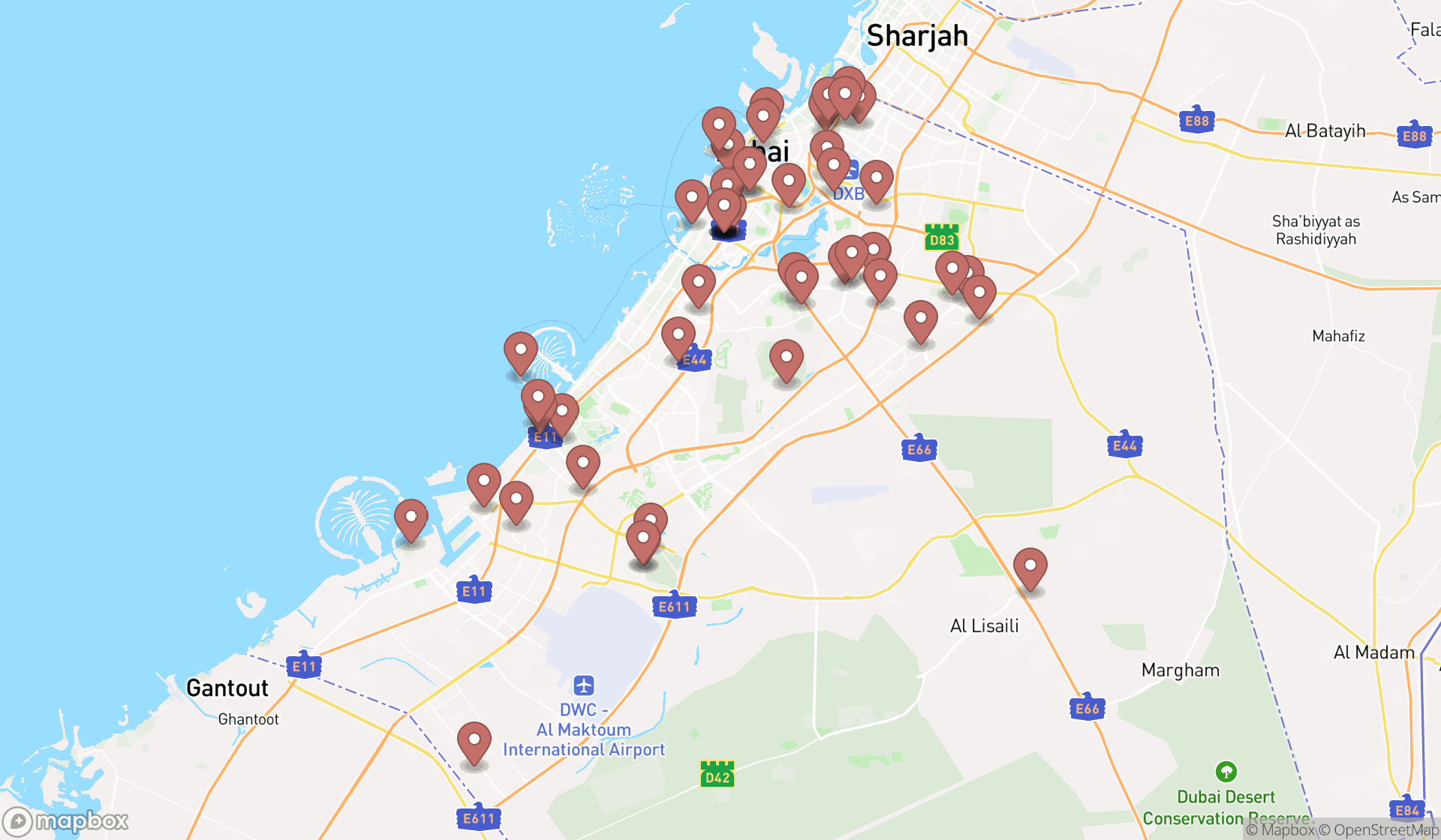 Map showing the search results in Dubai