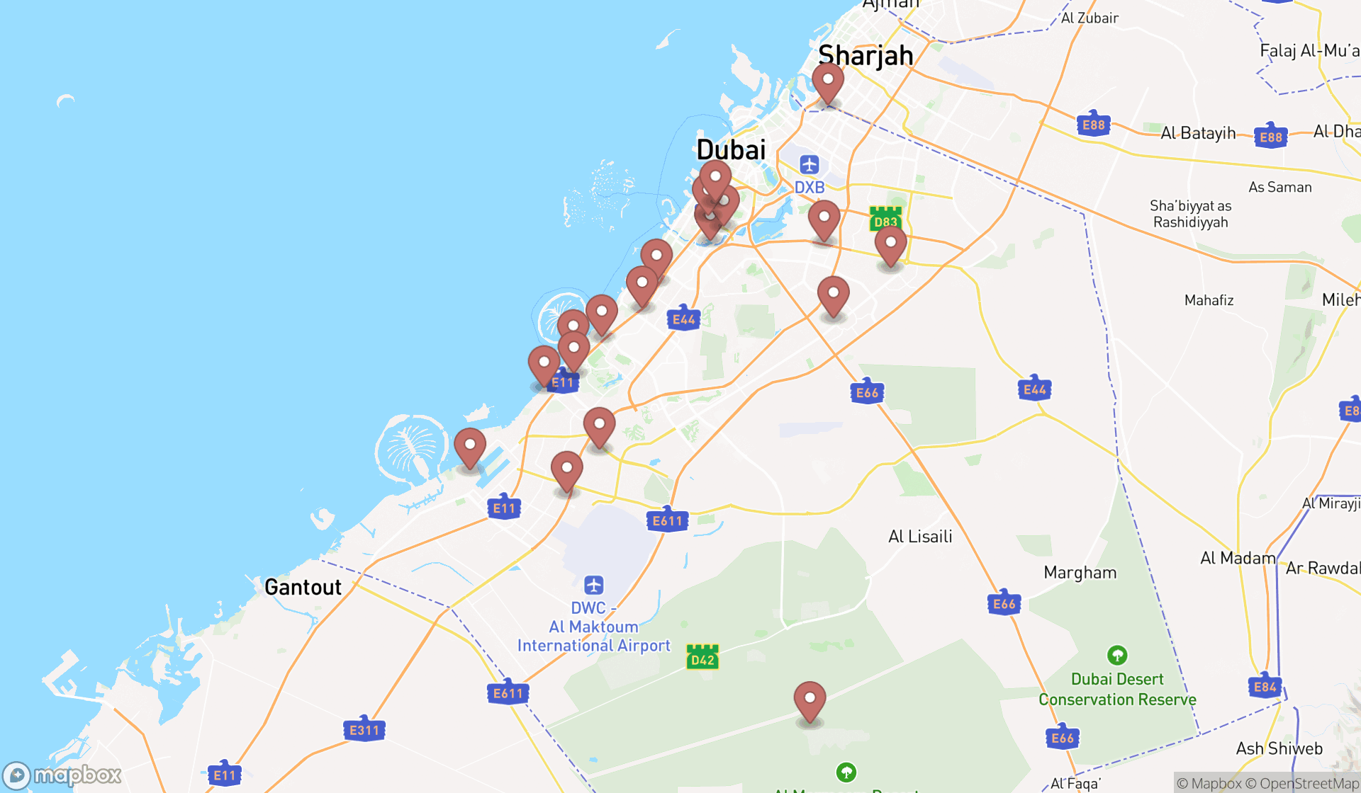 Map showing the search results in Dubai