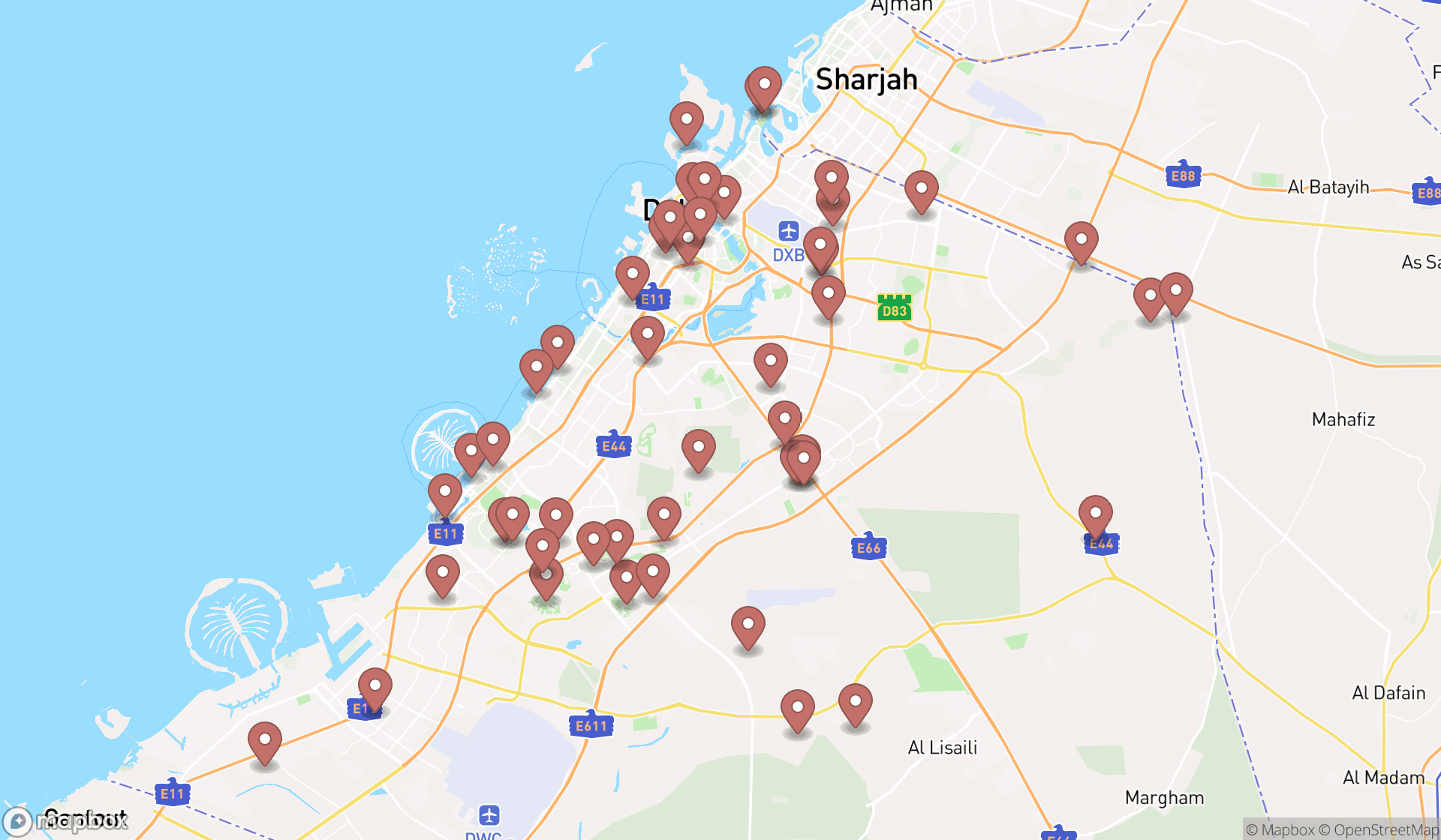 Map showing the search results in Dubai
