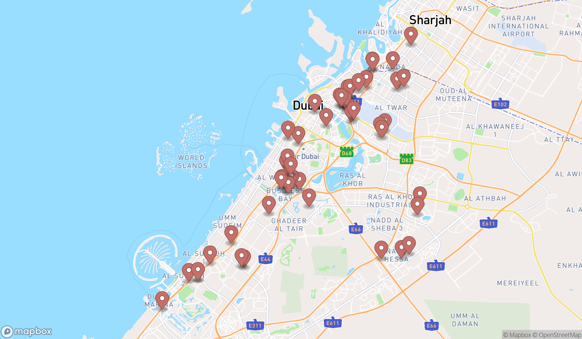 Map showing the search results in Dubai