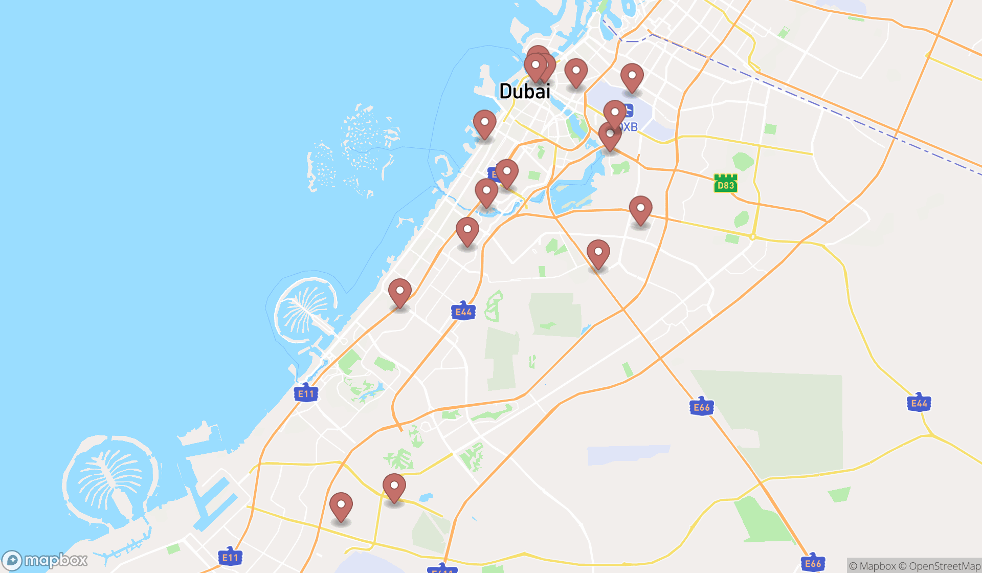 Map showing the search results in Dubai